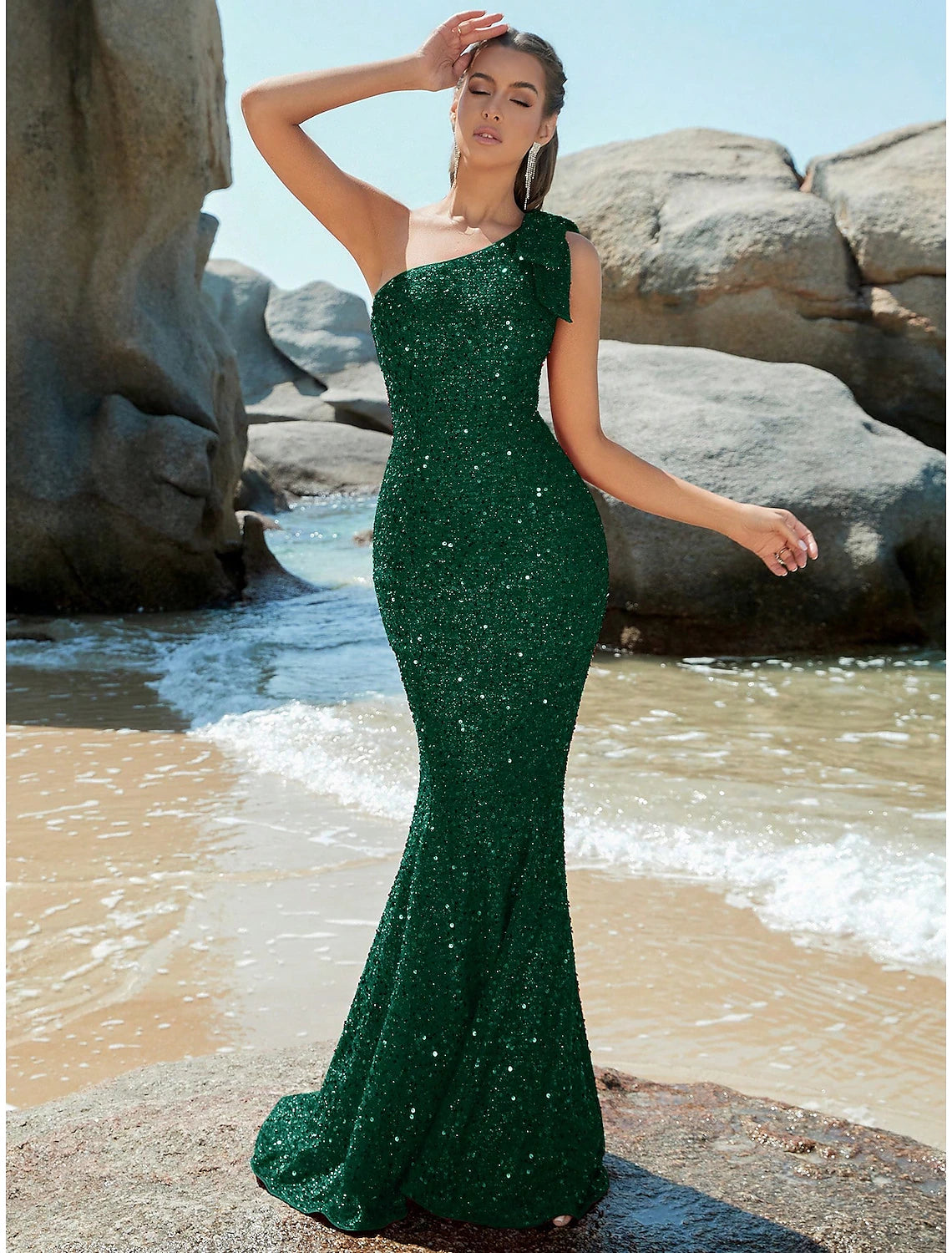 Wholesa Mermaid / Trumpet Evening Gown Sparkle & Shine Dress Formal Fall Sweep / Brush Train Sleeveless One Shoulder Sequined with Glitter Shouder Flower