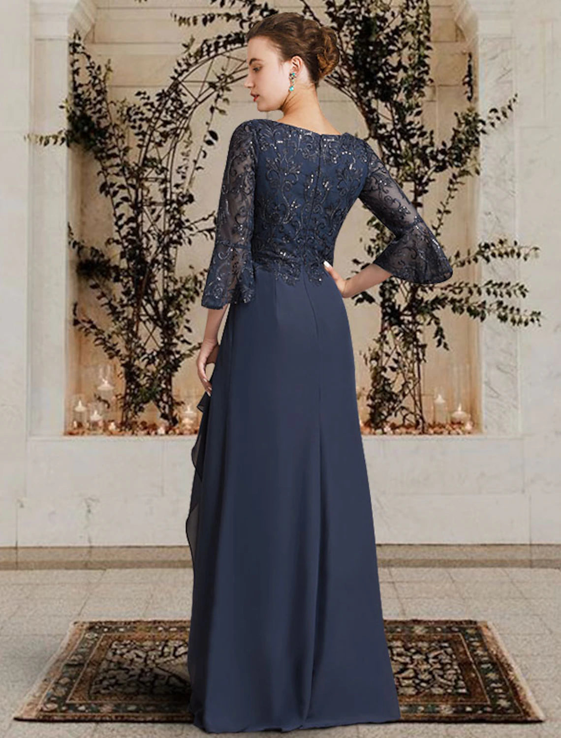 wholesale   Sheath / Column Mother of the Bride Dress Elegant V Neck Floor Length Chiffon Lace 3/4 Length Sleeve with Pleats Appliques