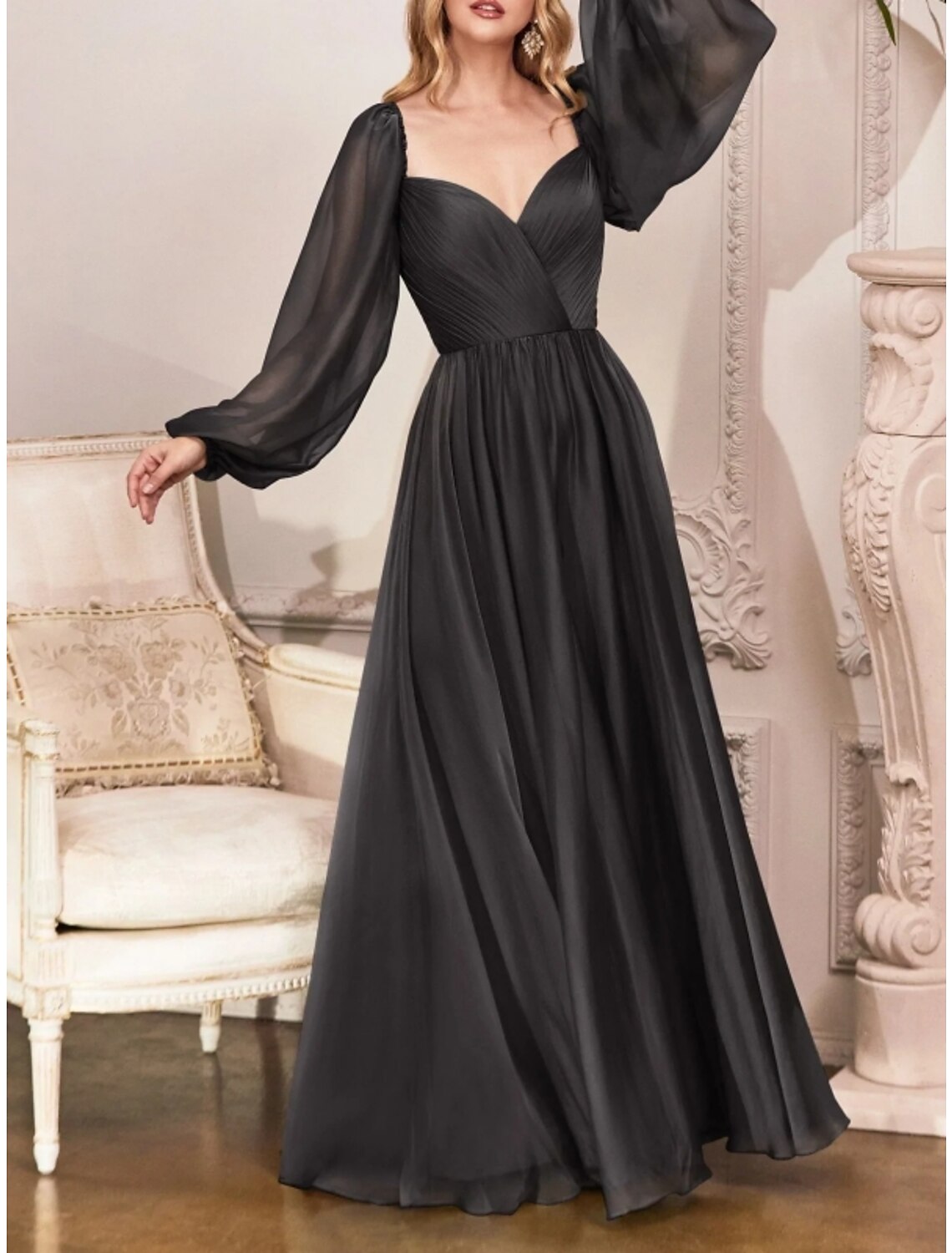 Wholesa Sheath / Column Wedding Guest Dresses Elegant Dress Wedding Guest Floor Length Long Sleeve Sweetheart Bridesmaid Dress Chiffon with Pleats Ruched