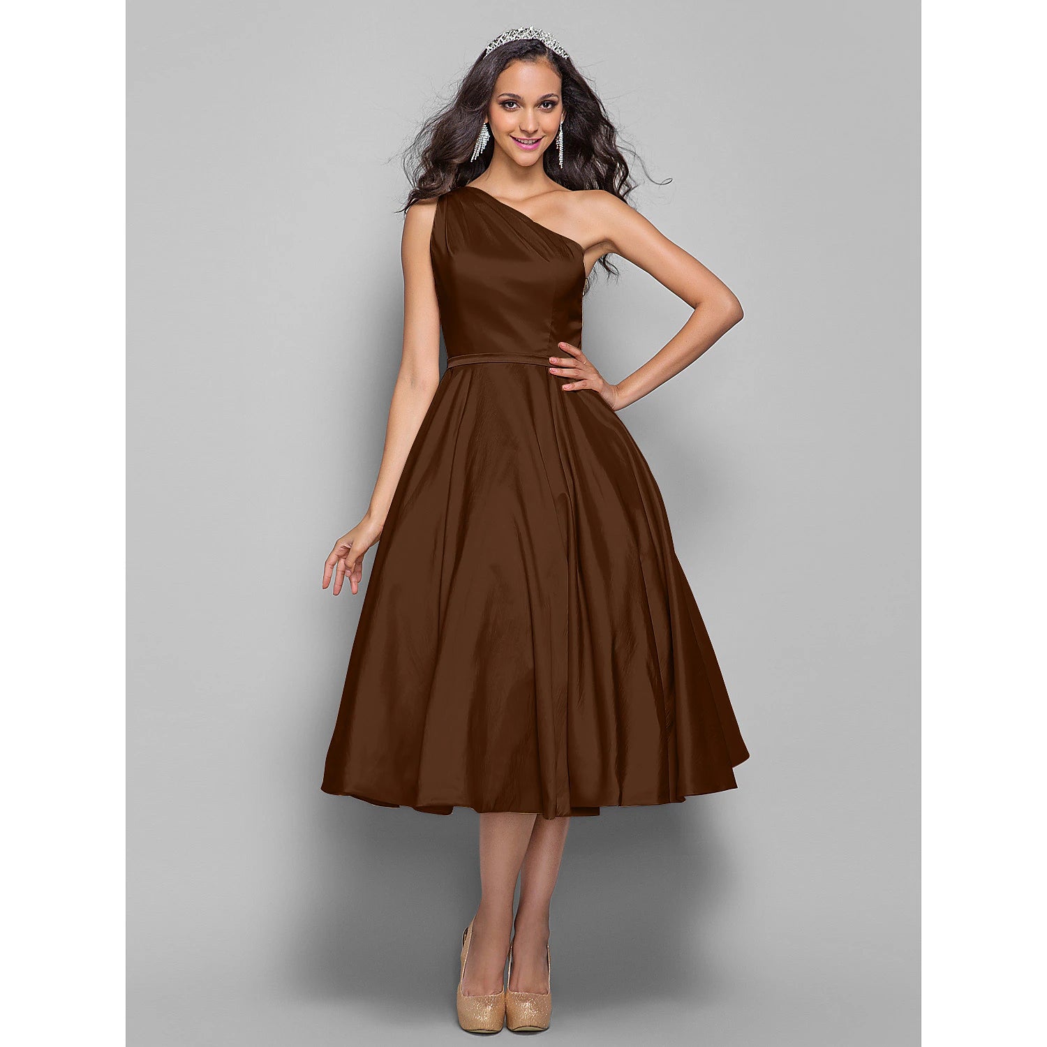 wholesale  A-Line Minimalist Elegant Cocktail Party Wedding Party Dress One Shoulder Sleeveless Tea Length Taffeta with Sash / Ribbon