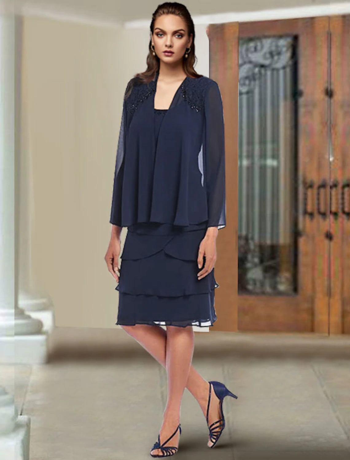 wholesale  Two Piece Sheath / Column Mother of the Bride Dress Elegant Scoop Neck Knee Length Chiffon Lace Sleeveless Wrap Included with Beading Ruffles