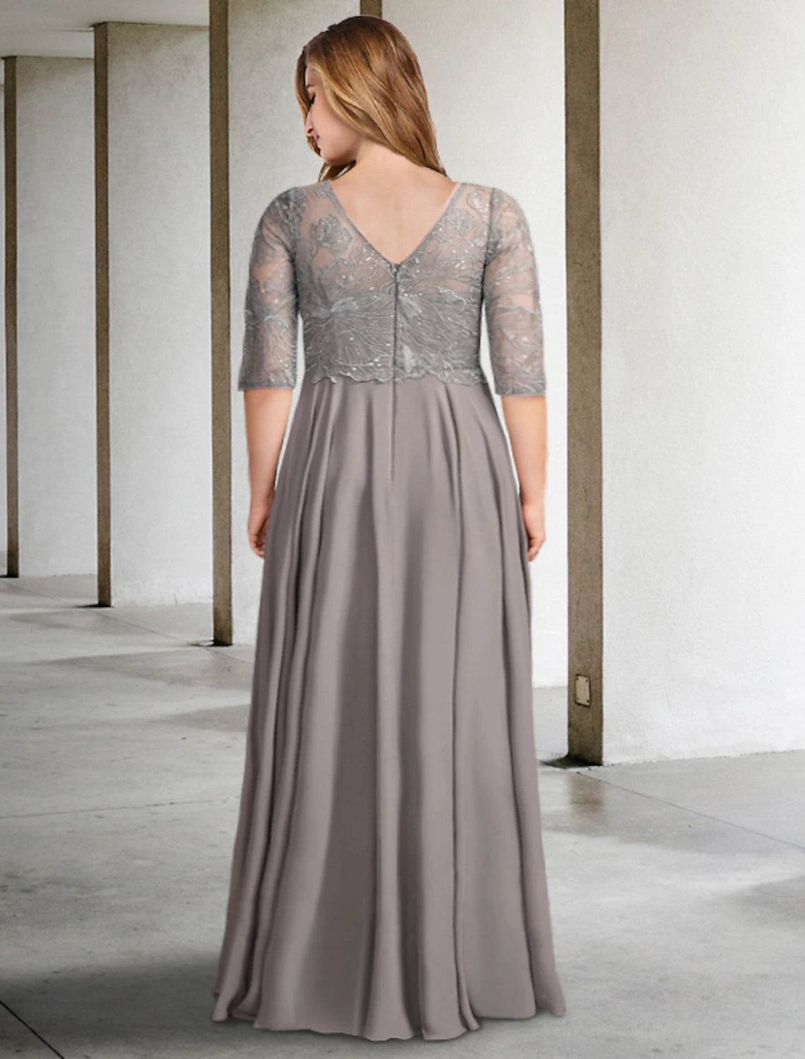 wholesale  A-Line Mother of the Bride Dresses Plus Size Hide Belly Curve Elegant Dress Formal Floor Length Half Sleeve V Neck Chiffon with Pleats Sequin Applique