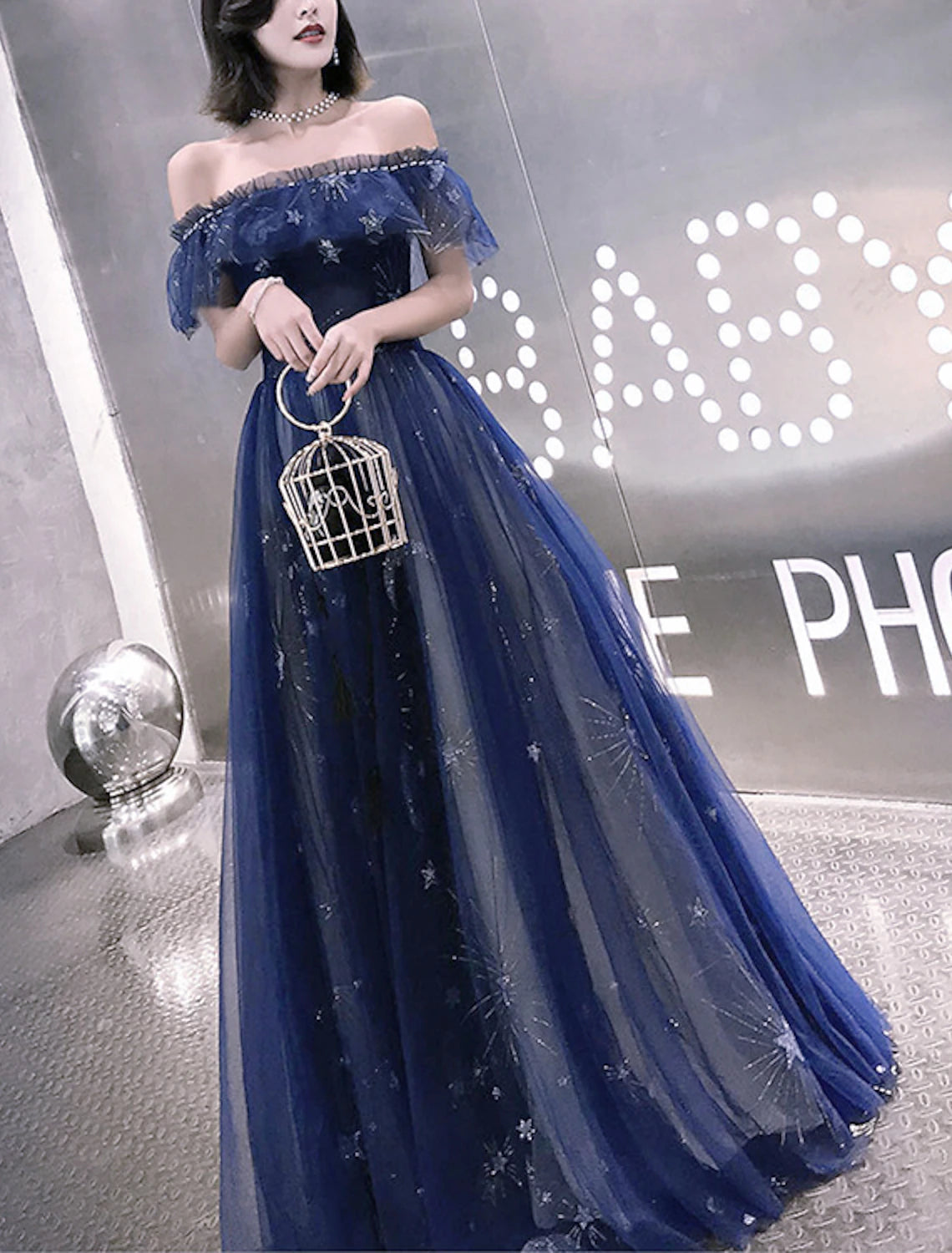 wholesale  A-Line Fairy Prom Dress Sparkle Party Dress Off Shoulder Short Sleeve Floor Length Tulle with Sequins Embroidery