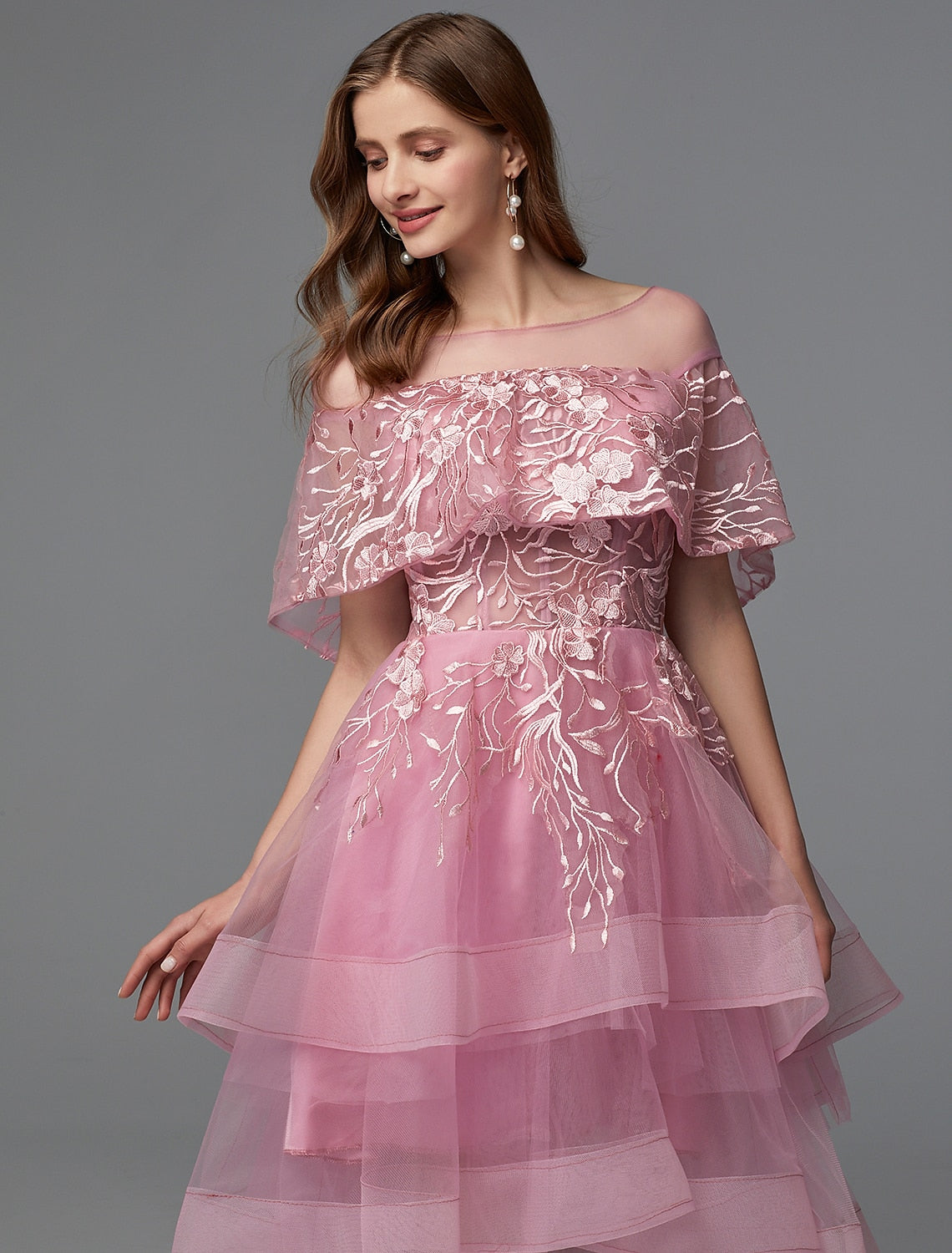 Wholesa A-Line Elegant Dress Holiday Wedding Guest Asymmetrical Sleeveless Illusion Neck Lace Tie Back with Lace Insert