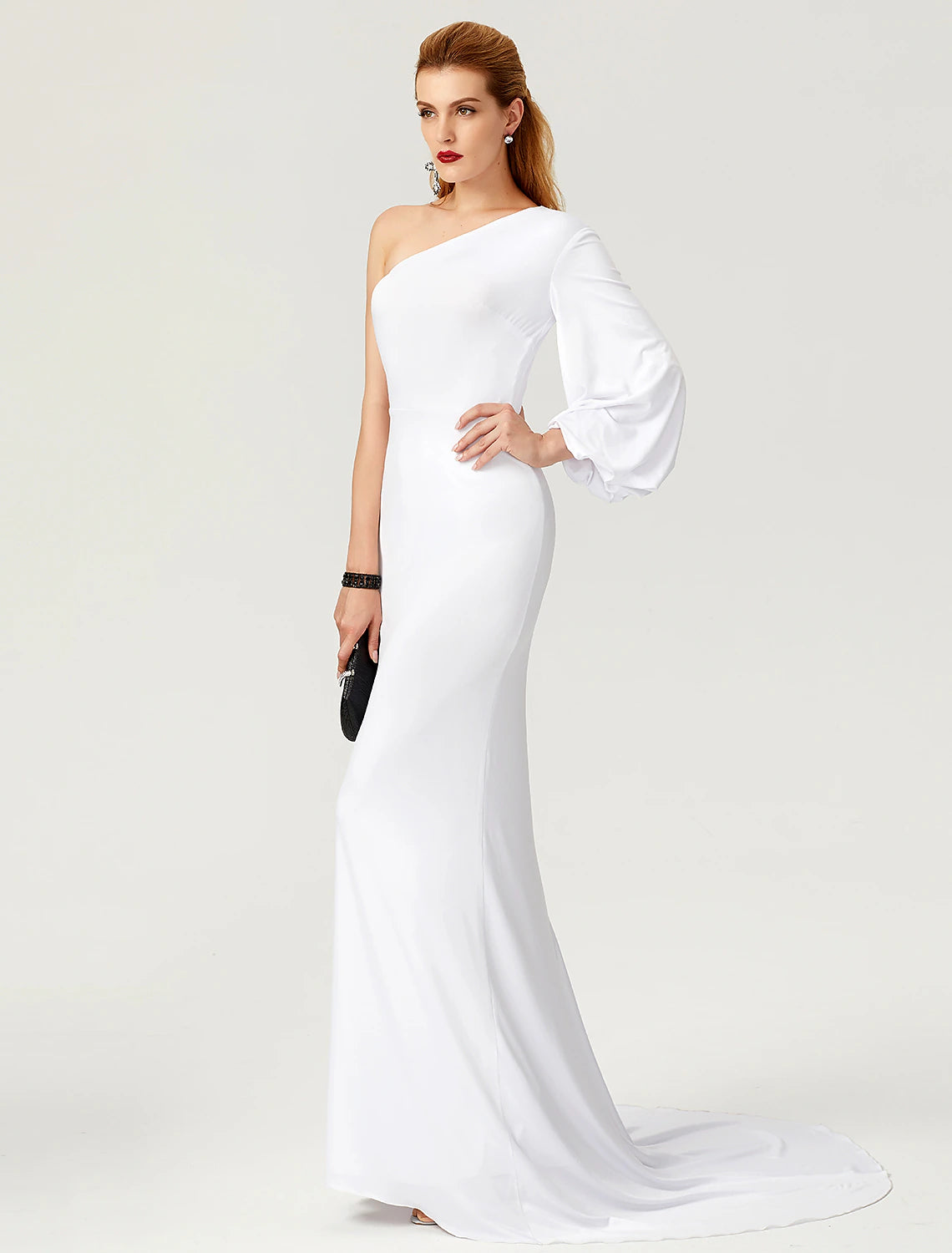 Wholesa Mermaid / Trumpet Celebrity Style Dress Engagement Formal Evening Court Train Long Sleeve One Shoulder Jersey with Pleats