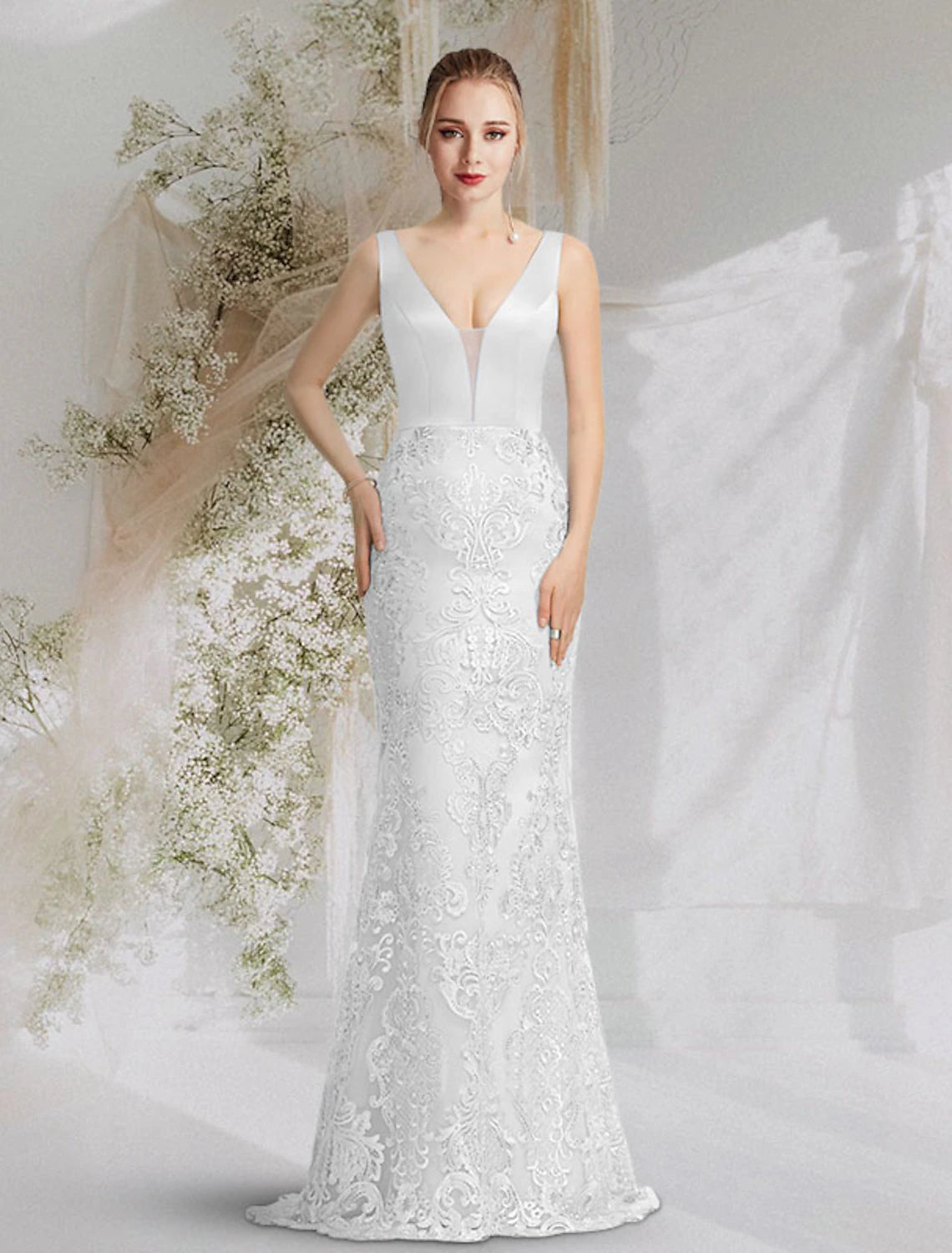 Wholesa Mermaid / Trumpet Prom Dresses Luxurious Dress Formal Evening Birthday Court Train Sleeveless V Neck Satin with Overskirt Appliques