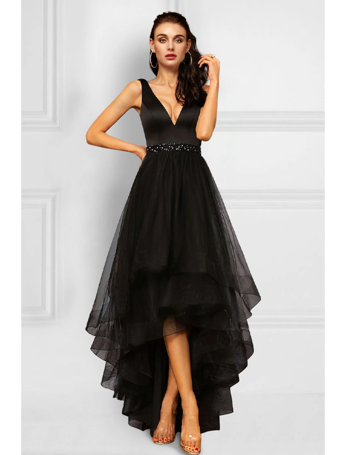 Wholesa  A-Line Cocktail Dresses Elegant Dress Party Wear Wedding Party Asymmetrical Sleeveless V Neck Organza with Rhinestone Ruffles
