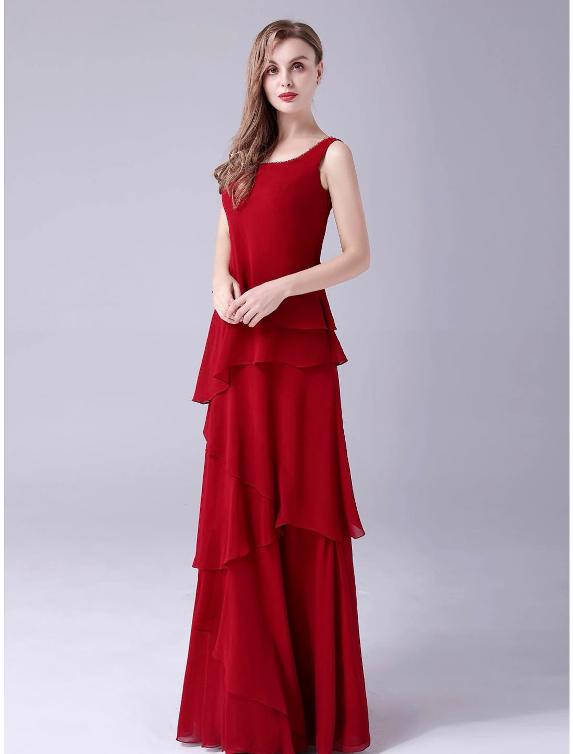 wholesale  A-Line Mother of the Bride Dress Plus Size Elegant Scoop Neck Floor Length Chiffon Sleeveless with Beading Cascading Ruffles
