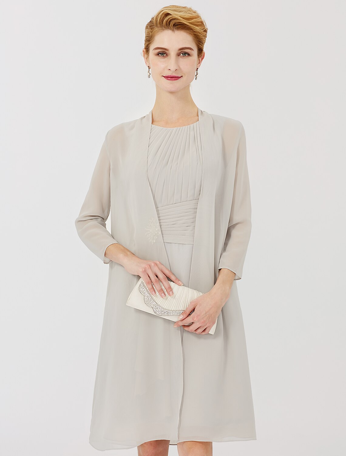 wholesale   Sheath / Column Mother of the Bride Dress Formal Classic & Timeless Elegant & Luxurious Convertible Dress Jewel Neck Knee Length Chiffon 3/4 Length Sleeve with Criss Cross Crystal Brooch