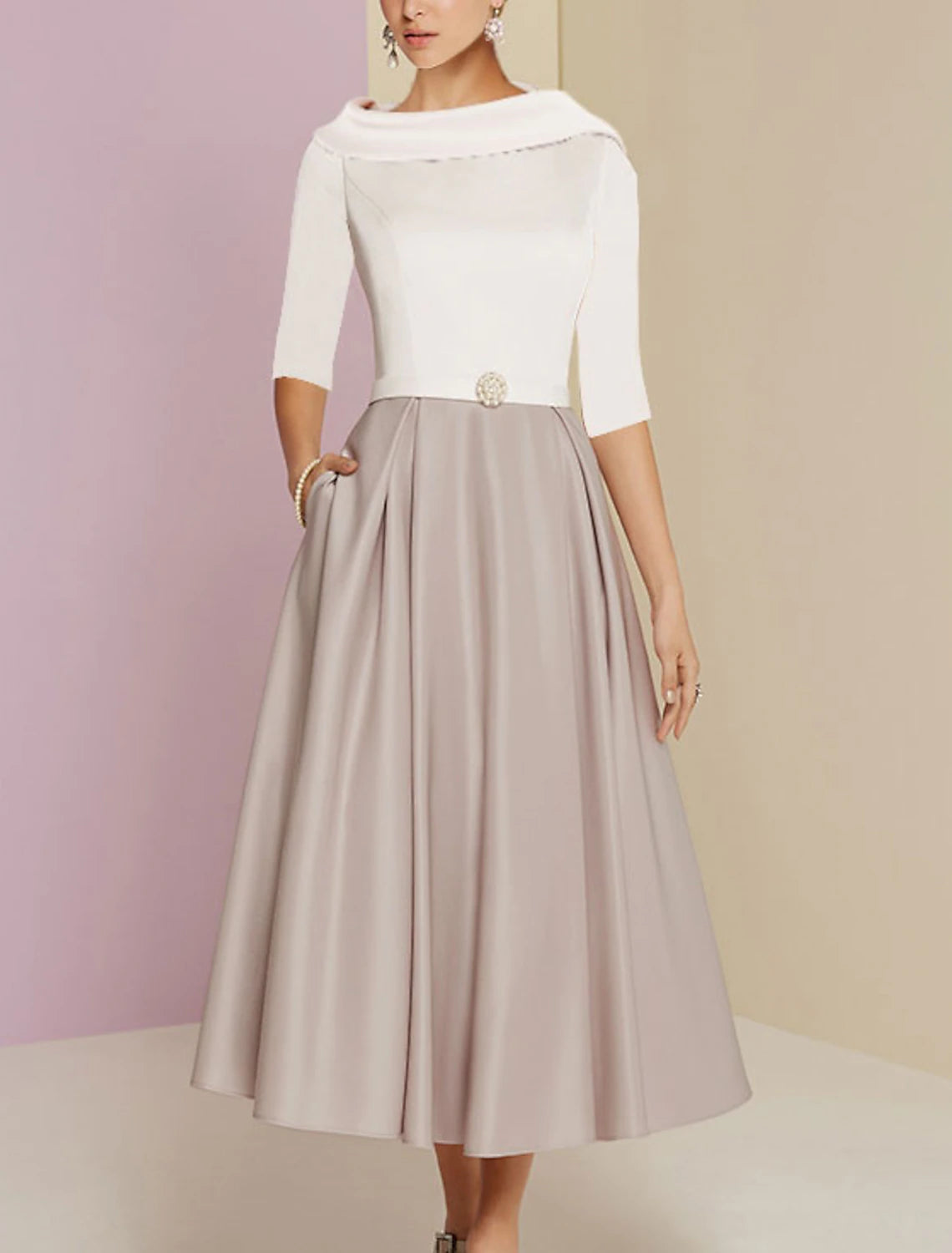 Wholesa A-Line Mother of the Bride Dress Wedding Guest Elegant Vintage Jewel Neck Tea Length Charmeuse Half Sleeve with Pleats Crystals