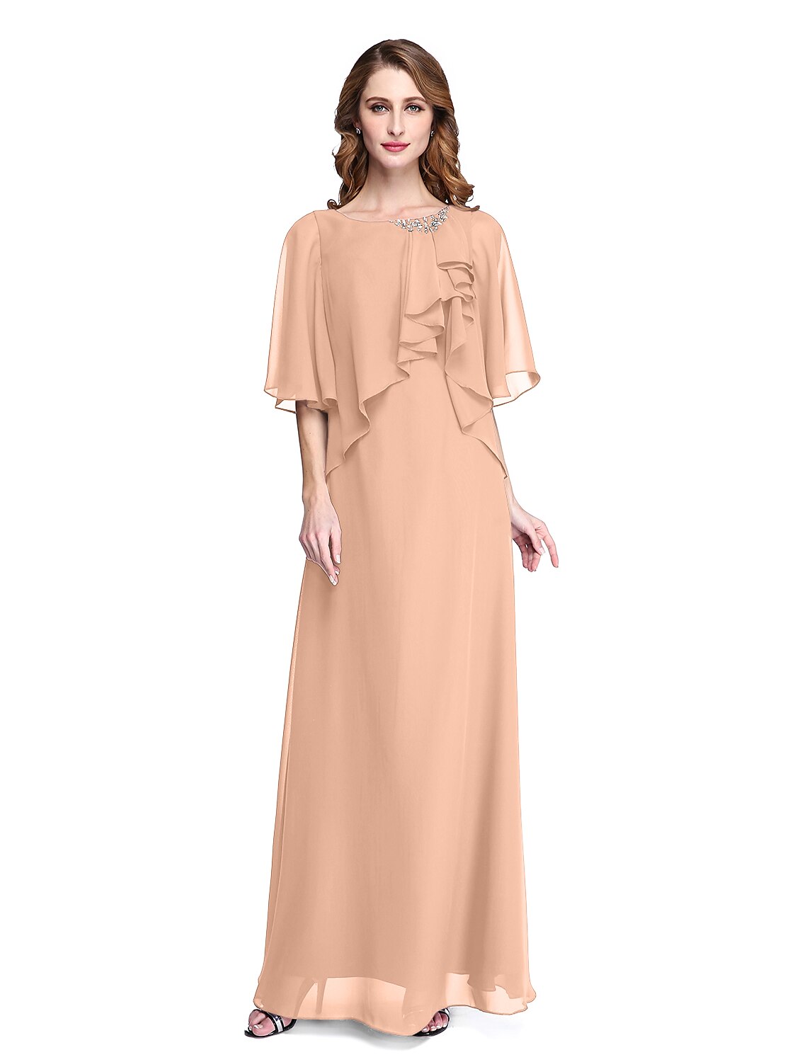 wholesale  Sheath / Column Mother of the Bride Dress Elegant Open Back Jewel Neck Floor Length Chiffon Half Sleeve with Pleats Beading Ruffle