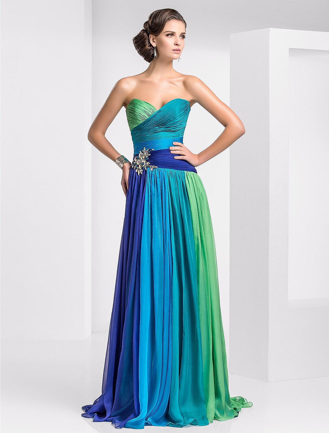 Wholesa A-Line Color Block Dress Wedding Guest Formal Evening Sweep / Brush Train Sleeveless Sweetheart Chiffon Backless with Pleats Ruched Crystals