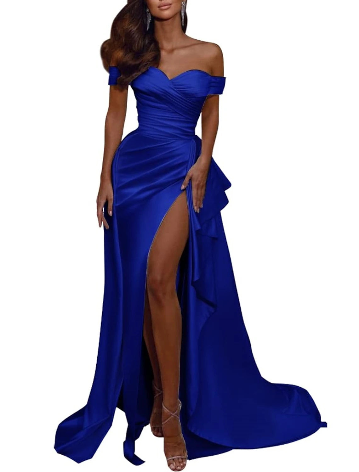 Wholesa A-Line Wedding Dress Celebrity Style Sexy Formal Evening Dress Off Shoulder Short Sleeve Sweep / Brush Train Italy Satin with Pleats Slit