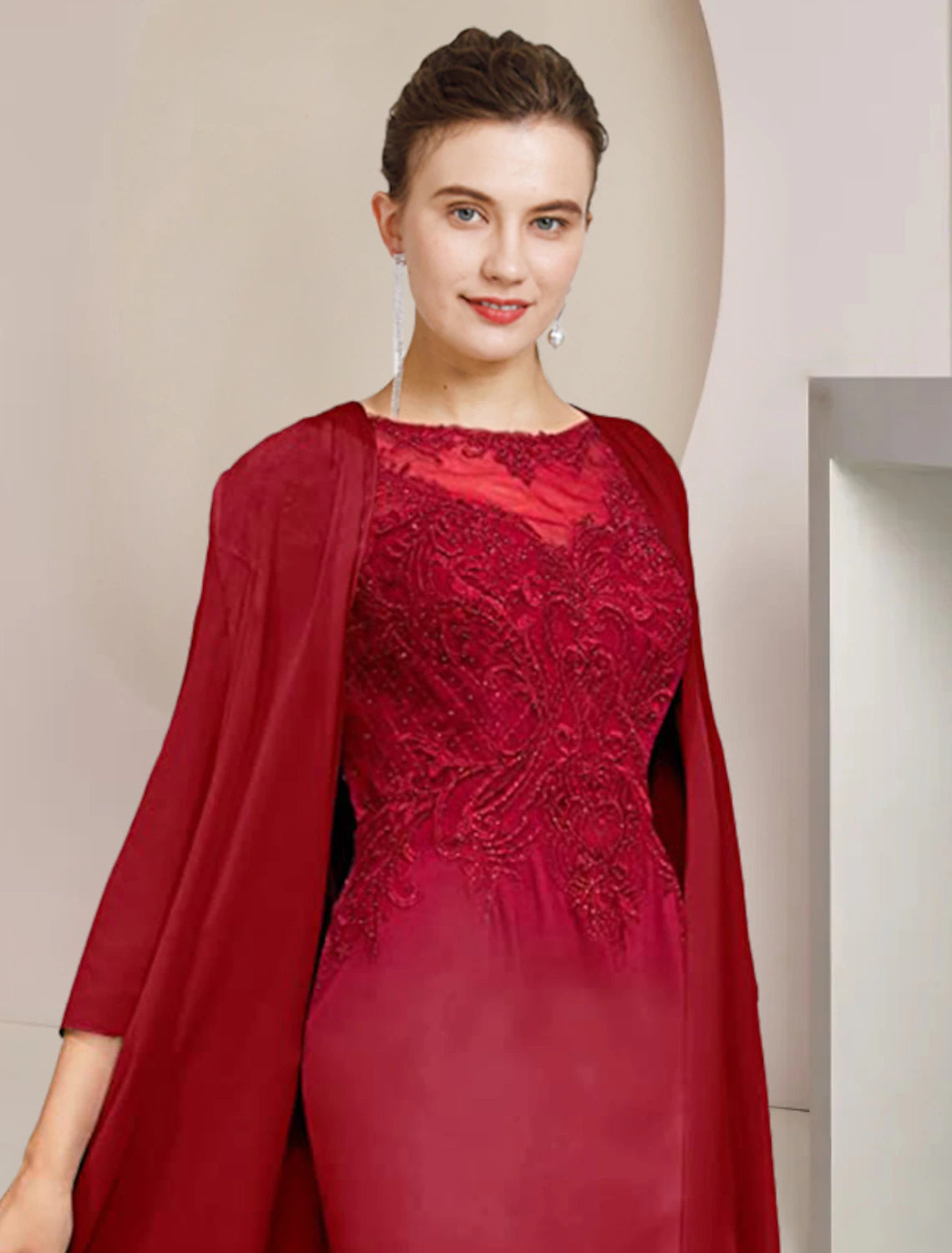 wholesale   Two Piece Sheath / Column Mother of the Bride Dress Formal Wedding Guest Elegant Scoop Neck Knee Length Chiffon Lace Half Sleeve Jacket Dresses with Appliques