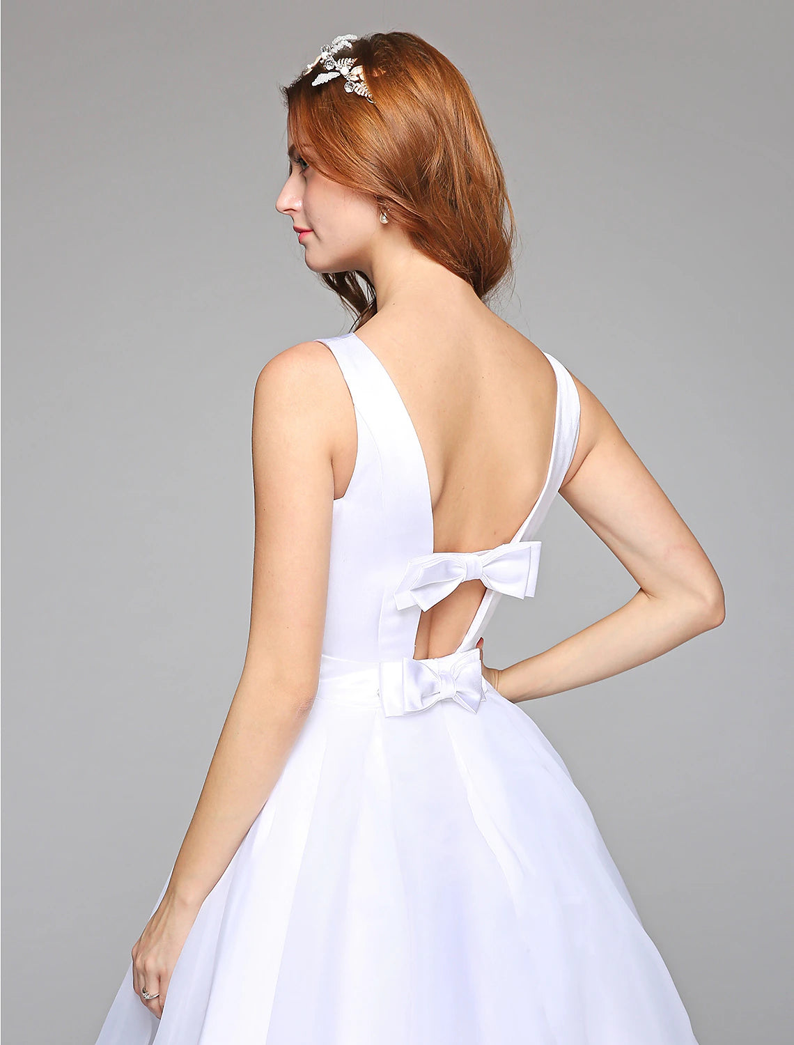 Wholesa  Wedding Dresses A-Line Bateau Neck Regular Straps Knee Length Satin Bridal Gowns With Bowknot Sash / Ribbon