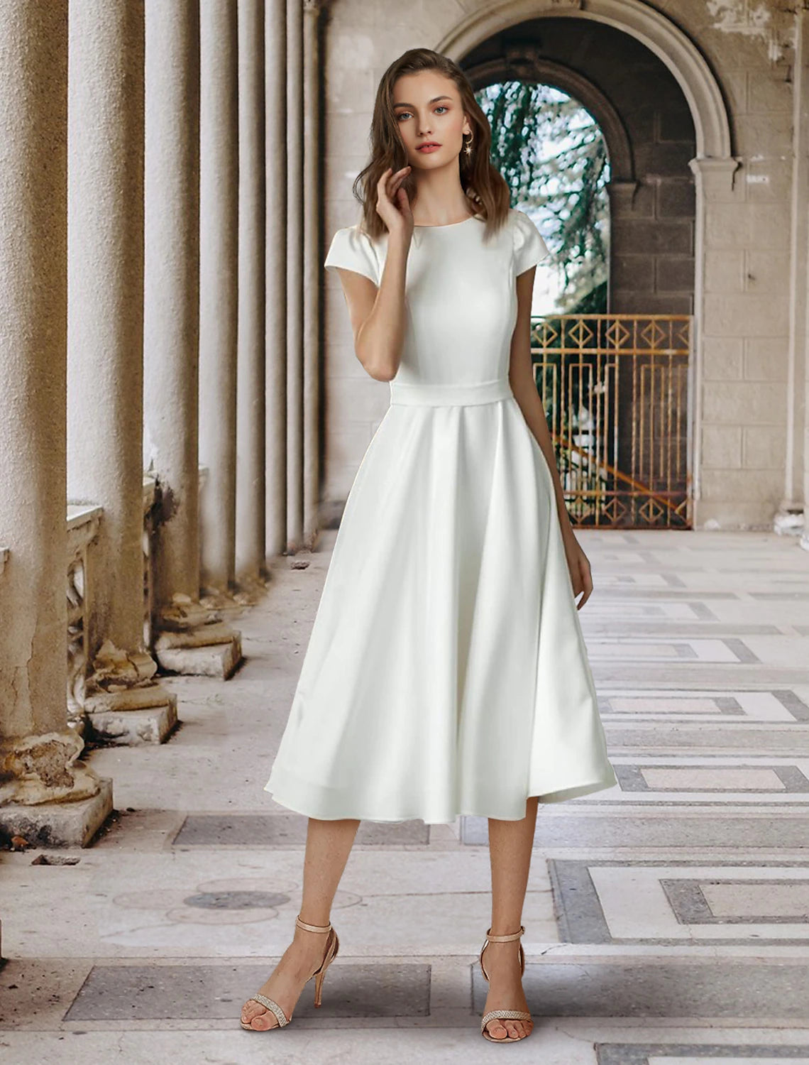Wholesa  Little White Dresses Wedding Dresses A-Line Scoop Neck Short Sleeve Knee Length Satin Bridal Gowns With Pleats Solid Color