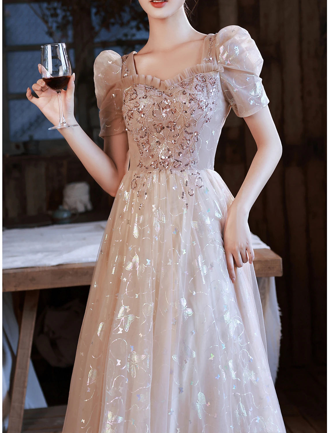 Wholesa A-Line Prom Dresses Elegant Dress Party Wear Prom Floor Length Half Sleeve Sweetheart Satin with Appliques Strappy