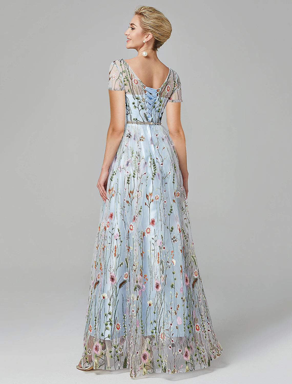 Wholesa A-Line Prom Dresses Floral Dress Wedding Guest Formal Evening Floor Length Short Sleeve Illusion Neck Lace with Slit Appliques