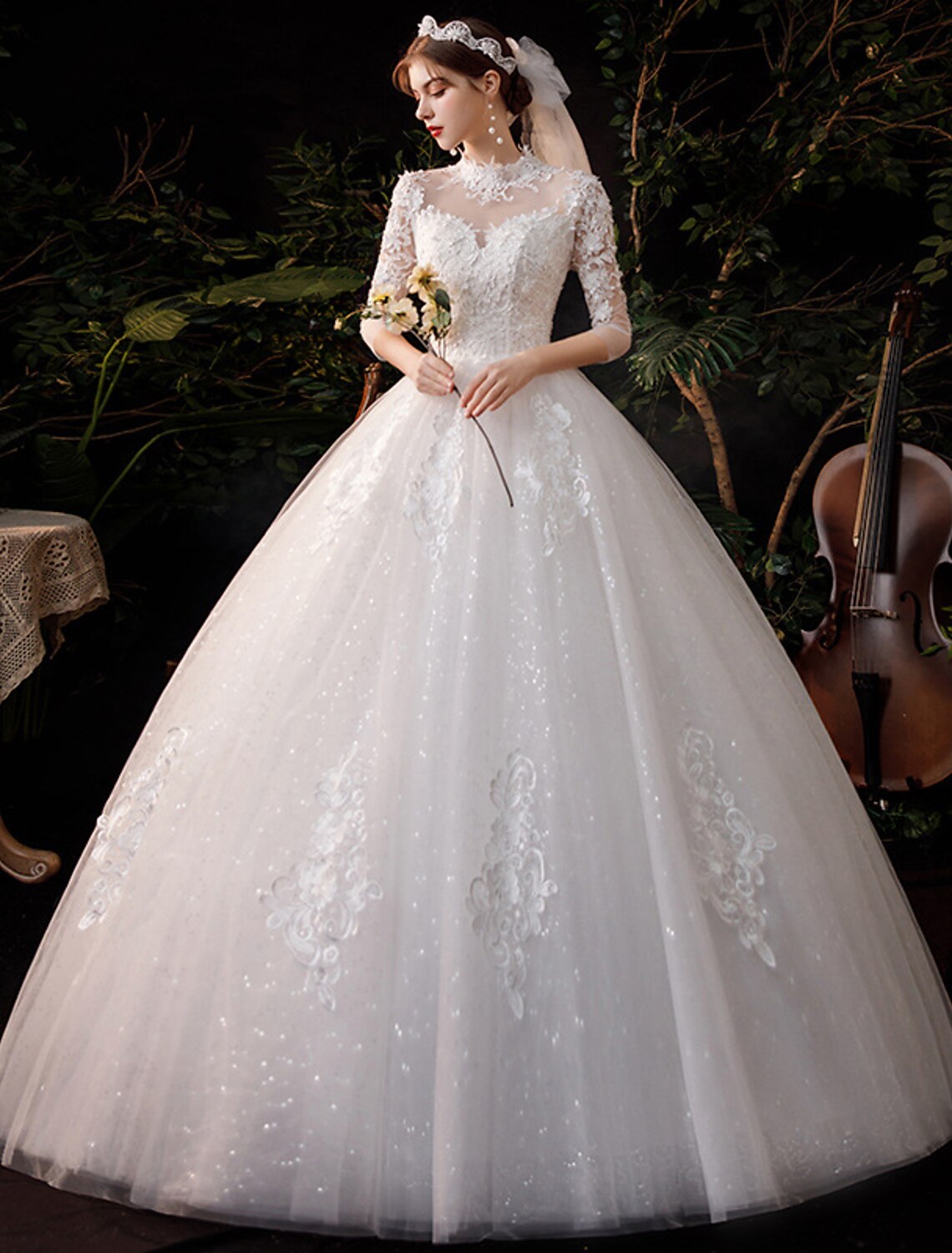 wholesale  Wedding Dresses Floor Length Ball Gown Half Sleeve High Neck Lace With Appliques