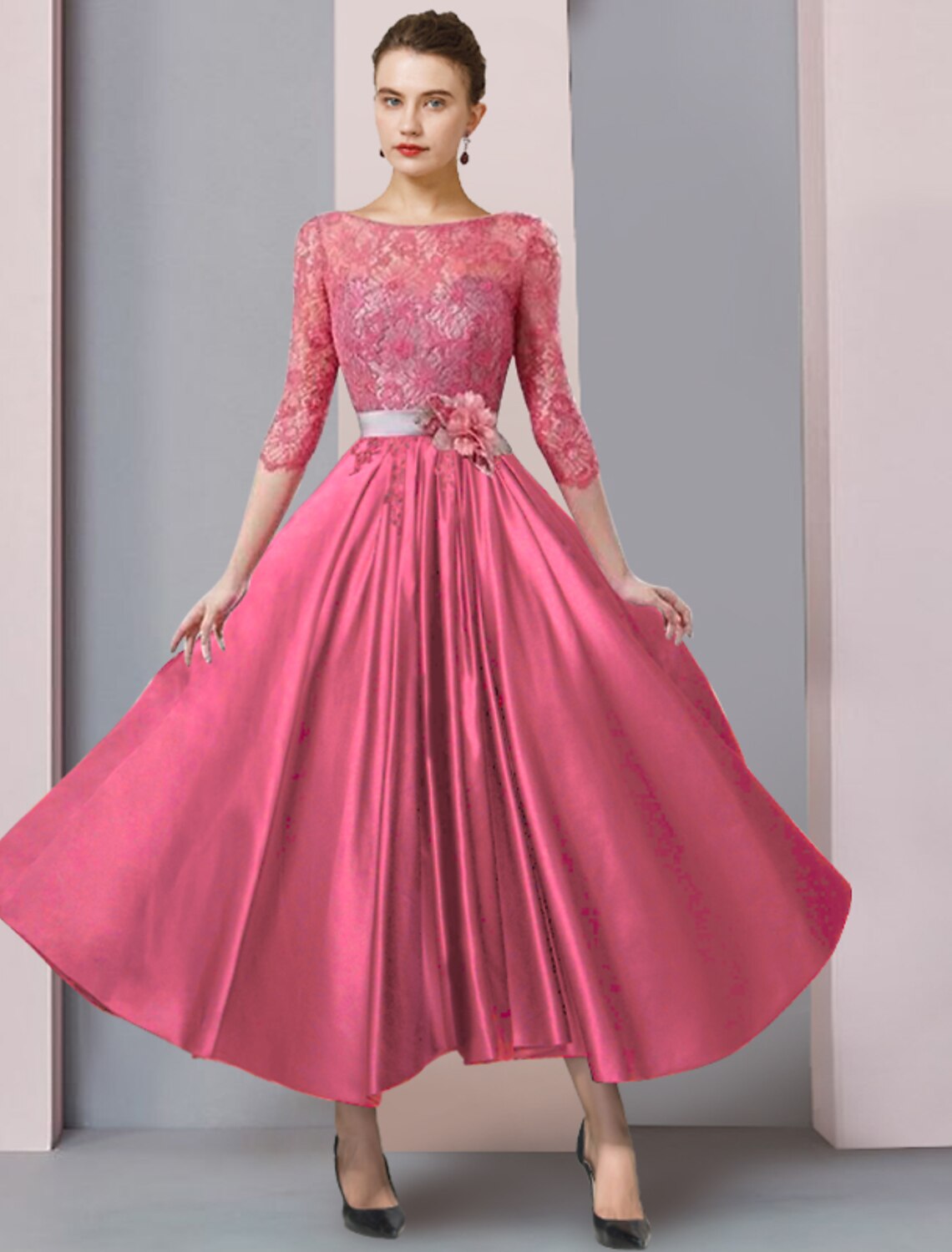 wholesale  A-Line Mother of the Bride Dress Formal Church Party Elegant Scoop Neck Tea Length Satin Lace Half Sleeve with Sash / Ribbon Flower