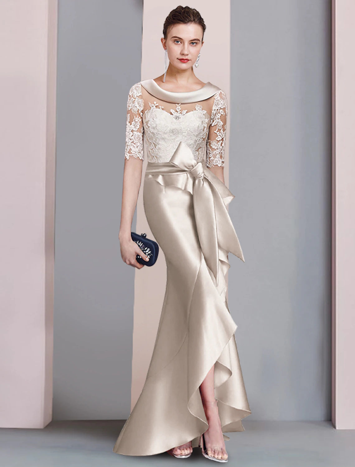 wholesale   Mermaid / Trumpet Mother of the Bride Dress Formal Fall Wedding Guest Dresses Elegant High Low Scoop Neck Sweep / Brush Train Asymmetrical Satin Lace Half Sleeve with Bow(s) Appliques