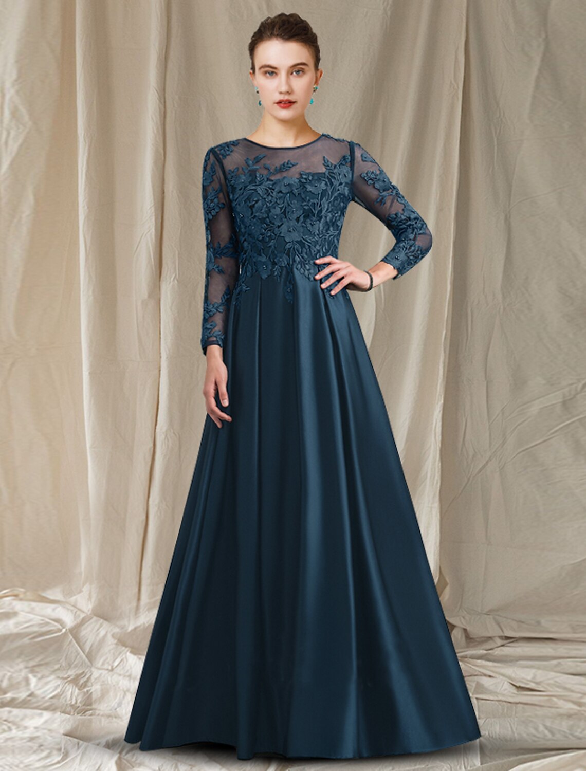 wholesale  A-Line Mother of the Bride Dress Elegant Jewel Neck Tea Length Satin Lace Half Sleeve with Pleats Appliques