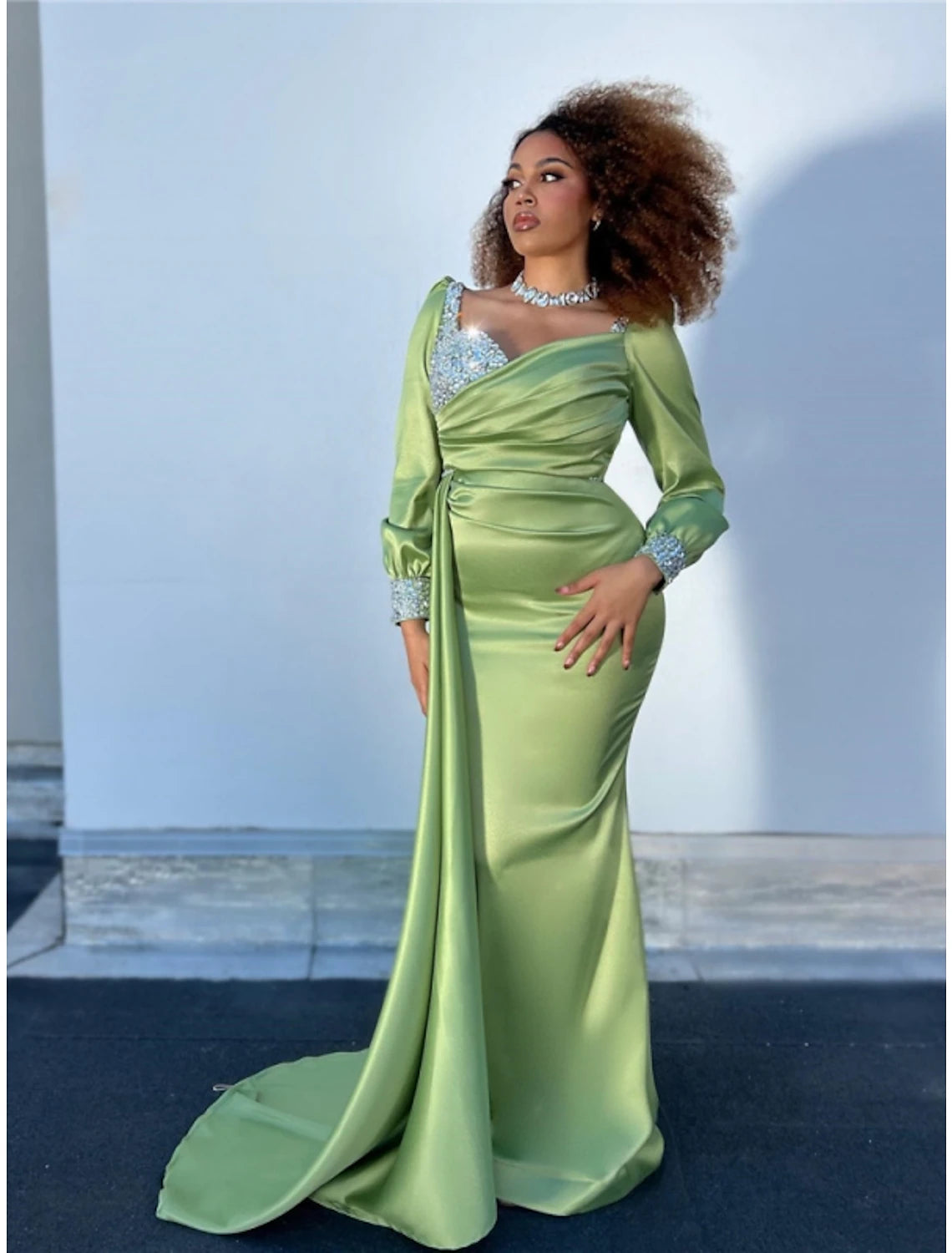 Wholesa A-Line Evening Gown Elegant Dress Formal Fall Court Train Long Sleeve Square Neck Satin with Glitter Ruched