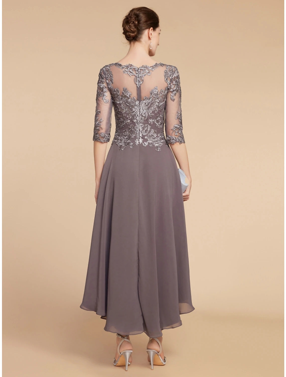 Wholesa  A-Line Mother of the Bride Dress Wedding Guest Elegant Vintage Scoop Neck Asymmetrical Chiffon Lace Half Sleeve with Ruching Solid Color