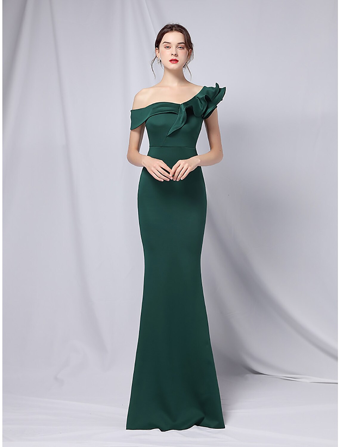 Wholesa Mermaid / Trumpet Evening Gown Empire Dress Wedding Guest Formal Evening Floor Length Short Sleeve One Shoulder Stretch Satin with Ruffles