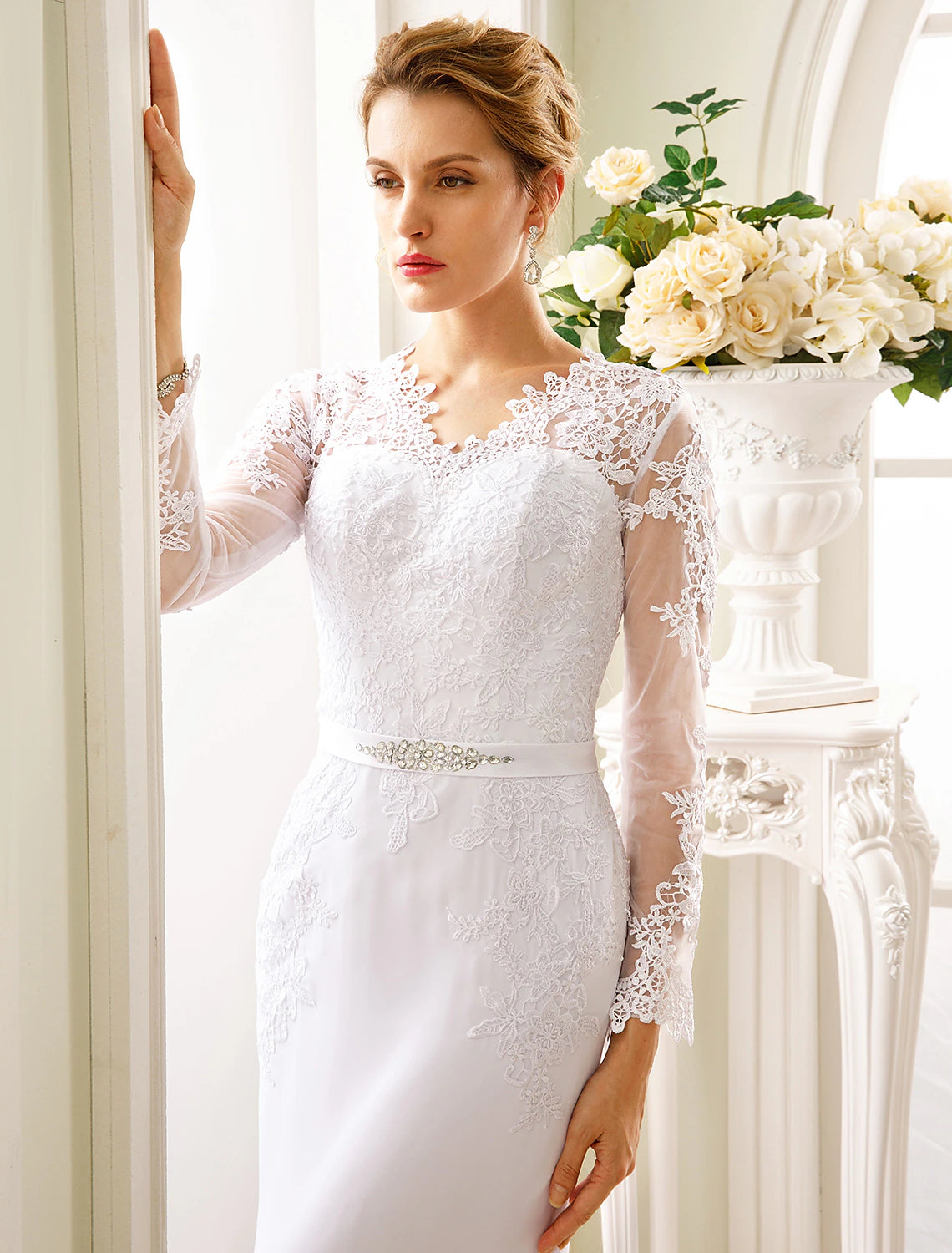 wholesale  Engagement Open Back Fall Formal Wedding Dresses Mermaid / Trumpet Illusion Neck Long Sleeve Court Train Chiffon Bridal Gowns With Sash / Ribbon Appliques