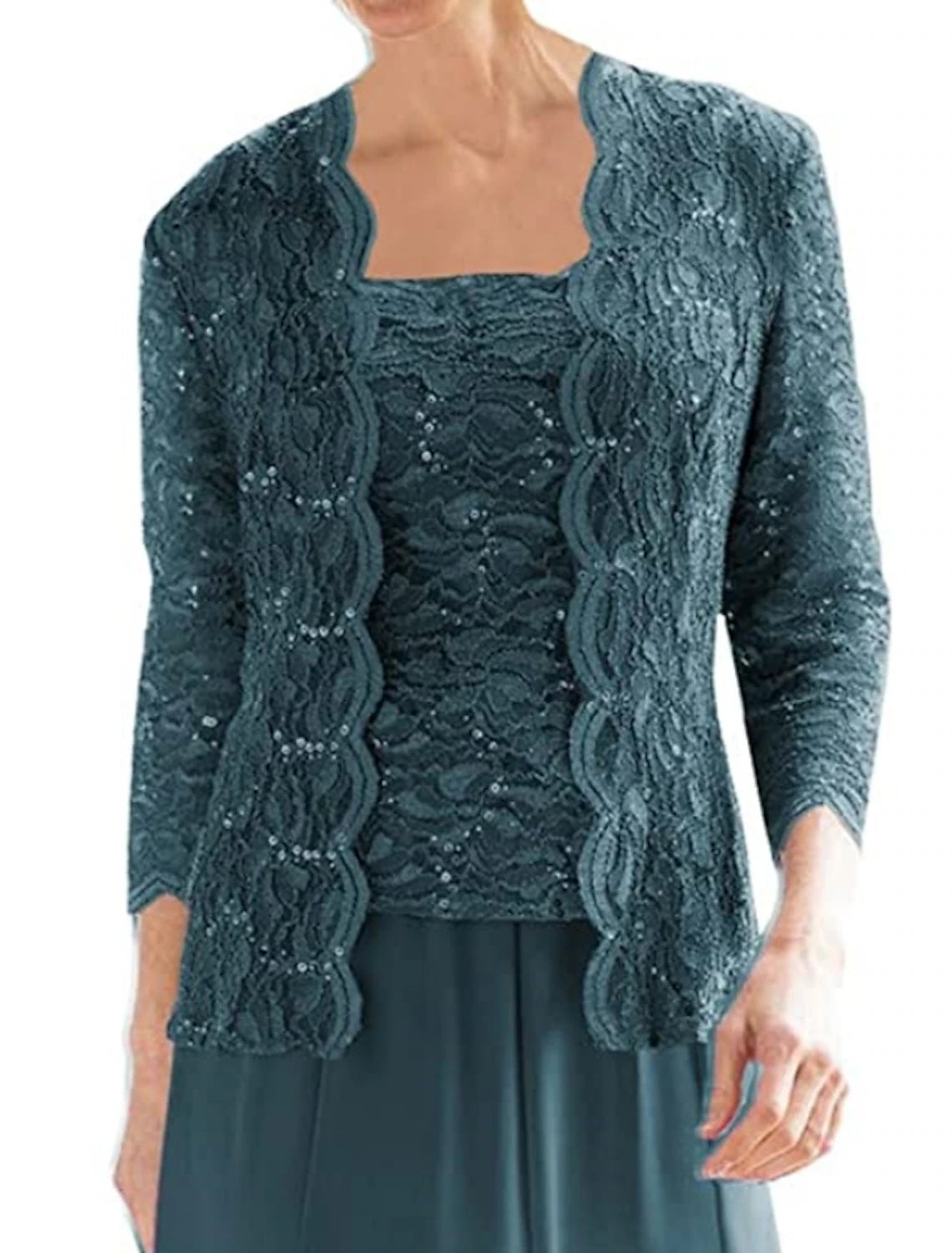 Wholesa  Two Piece Sheath / Column Mother of the Bride Dress Sparkle & Shine Vintage Elegant Square Neck Tea Length Chiffon Lace 3/4 Length Sleeve with Pleats Sequi