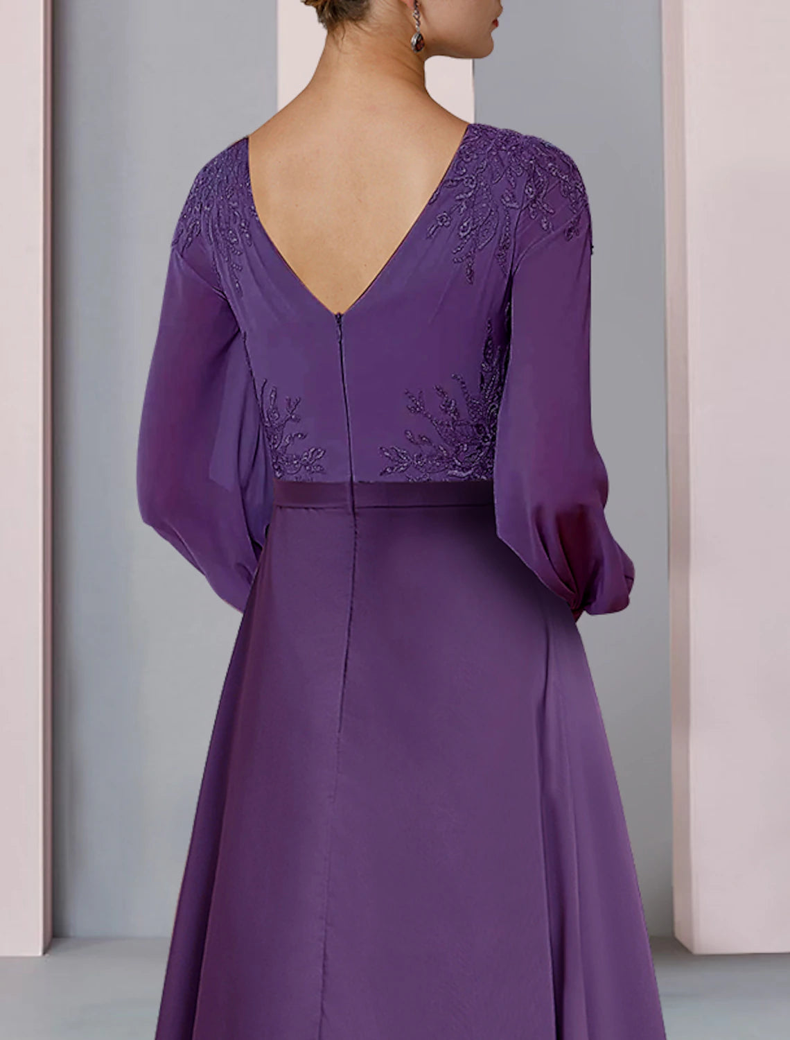 wholesale  Sheath / Column Mother of the Bride Dress Wedding Guest Party Elegant V Neck Asymmetrical Chiffon Lace Long Sleeve with Ruching