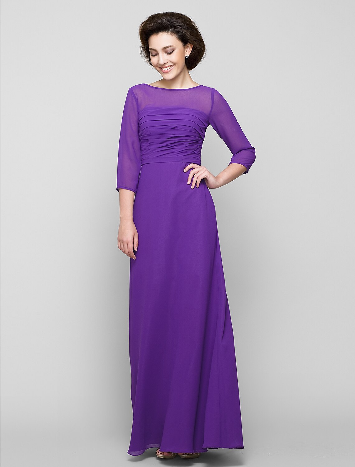 wholesale   A-Line Mother of the Bride Dress Elegant Scoop Neck Ankle Length Chiffon 3/4 Length Sleeve No with Ruched