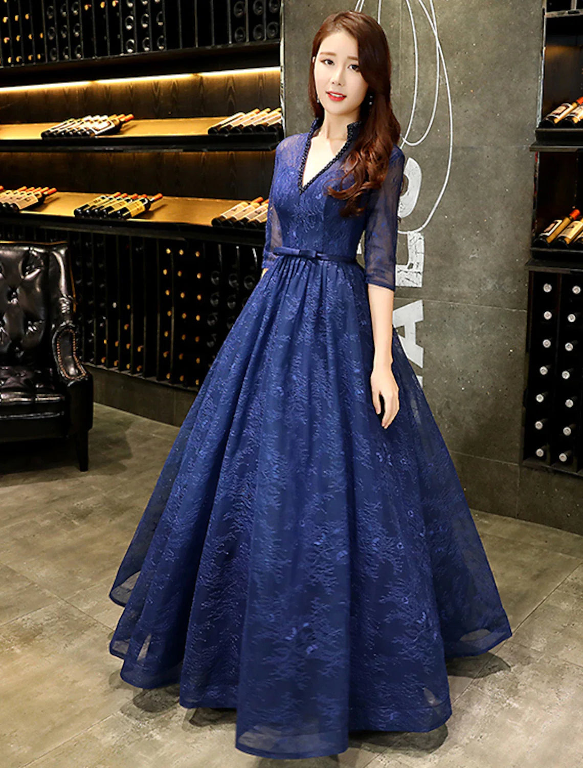 Wholesa A-Line Evening Gown Beautiful Back Dress Wedding Guest Floor Length Half Sleeve V Neck Lace with Beading