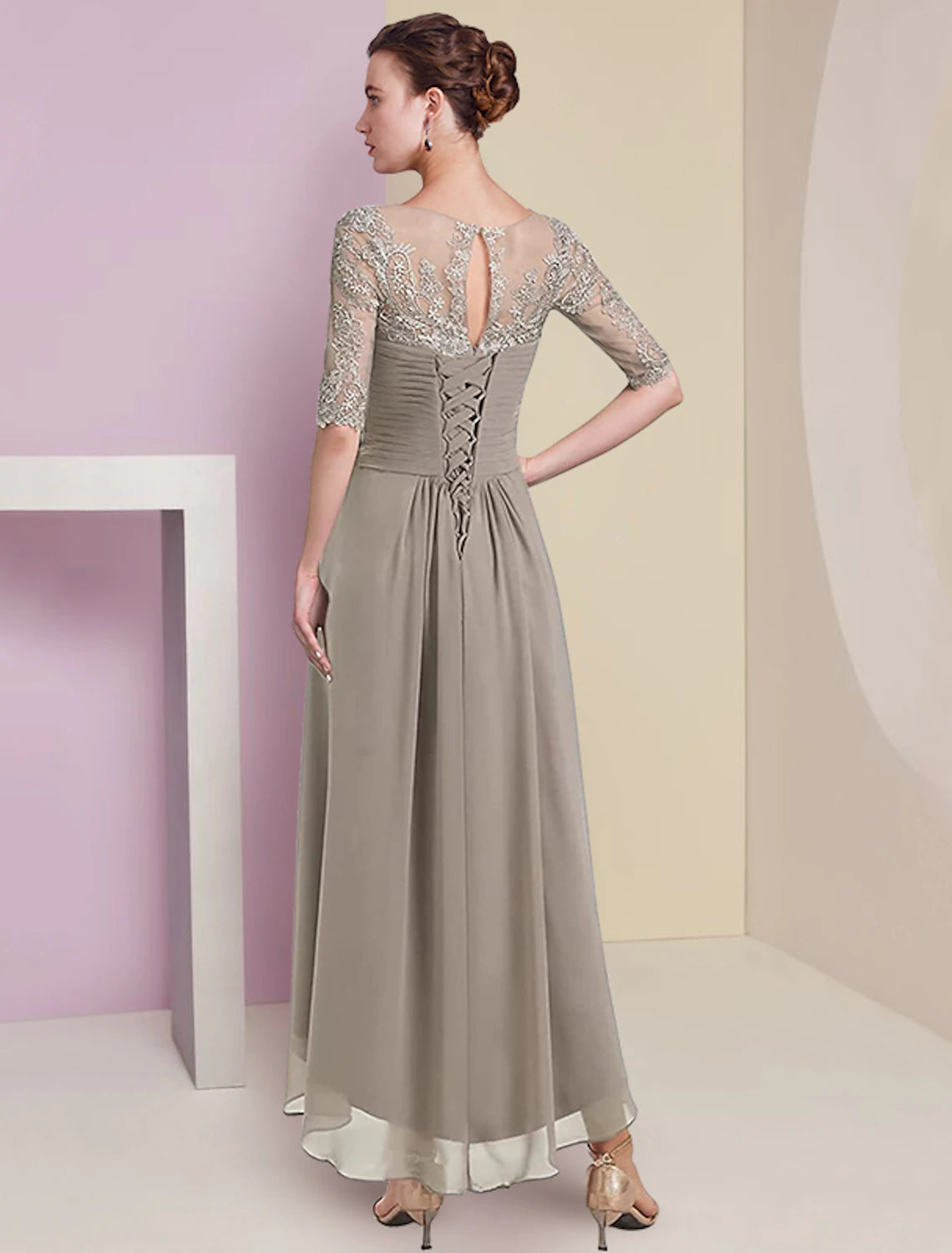 wholesale  Two Piece A-Line Mother of the Bride Dress Formal Wedding Guest Elegant High Low V Neck Asymmetrical Tea Length Chiffon Lace Half Sleeve Wrap Included with Ruched Appliques