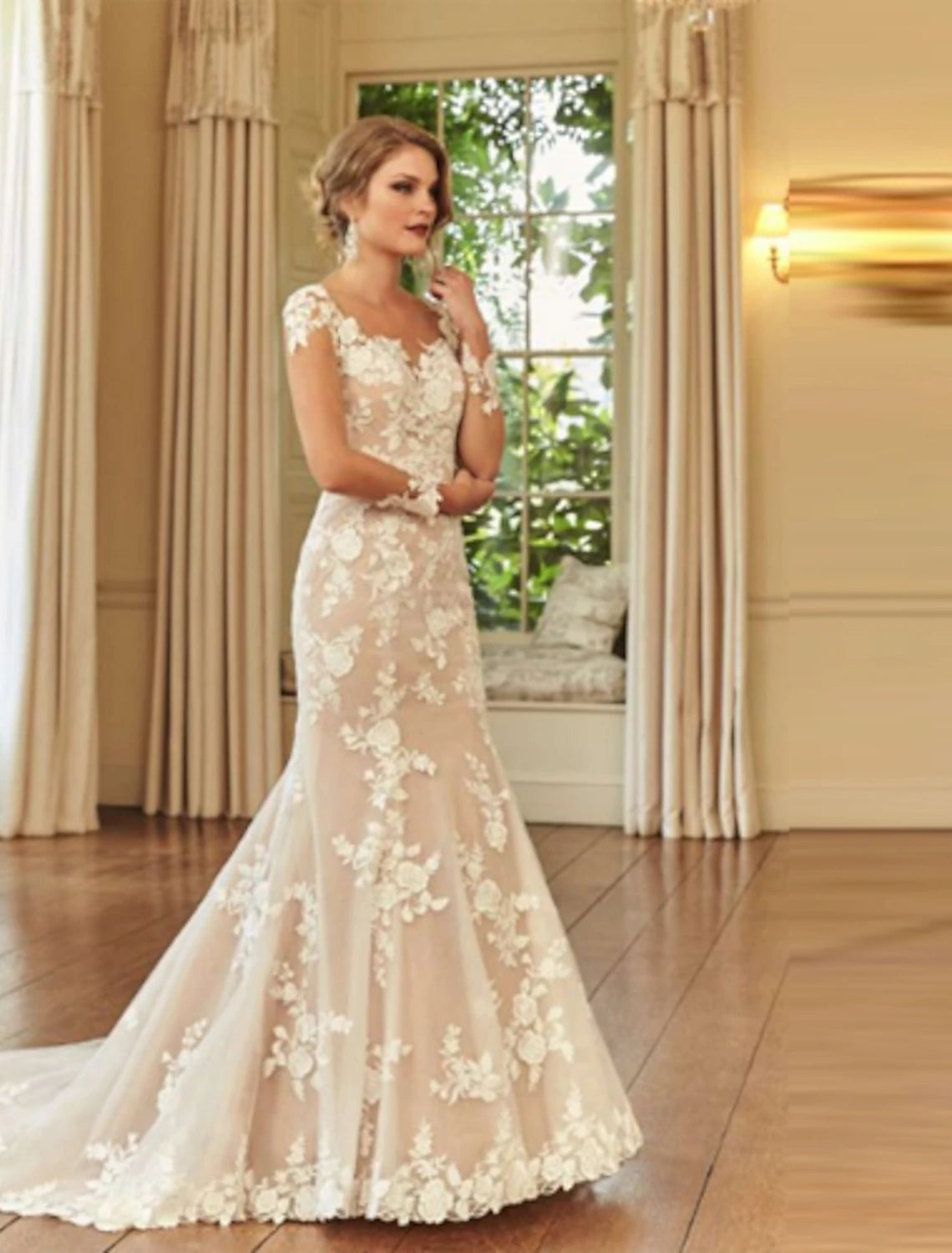 wholesale  Engagement Formal Fall Wedding Dresses Mermaid / Trumpet Illusion Neck Long Sleeve Court Train Lace Bridal Gowns With Embroidery