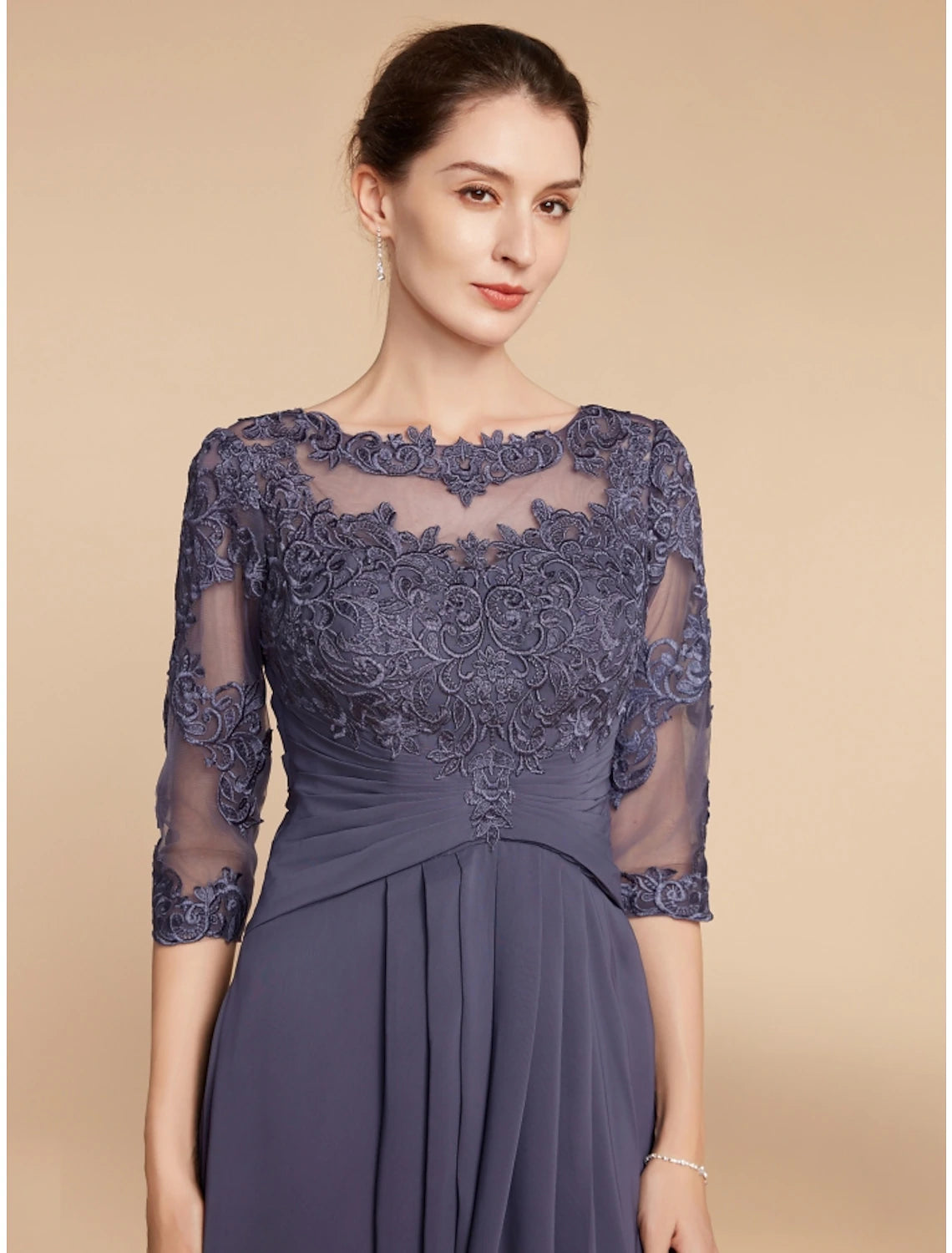 Wholesa  A-Line Mother of the Bride Dress Wedding Guest Elegant Scoop Neck Ankle Length Chiffon Lace 3/4 Length Sleeve with Ruching Solid Color