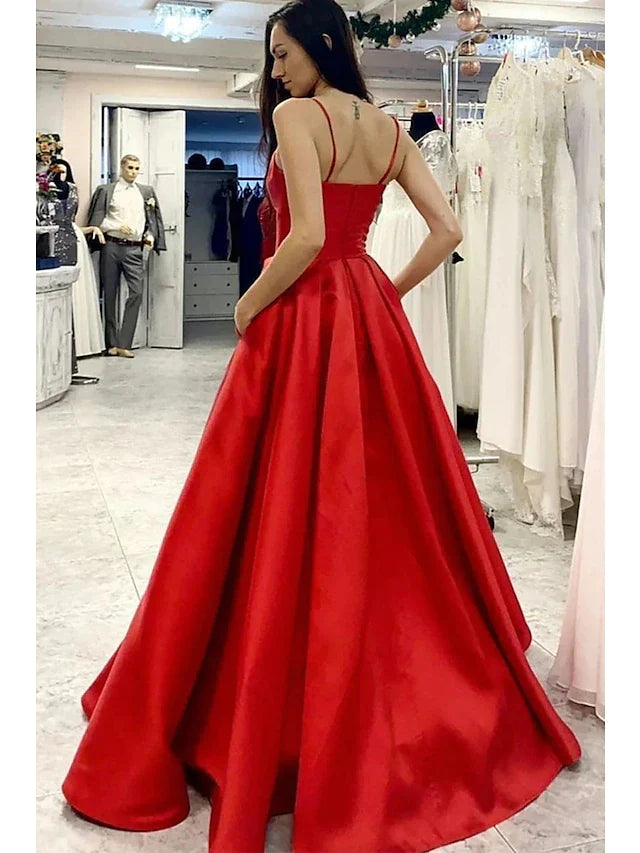 Wholesa A-Line Prom Dresses Minimalist Dress Formal Floor Length Sleeveless V Neck Pocket Satin with Pleats