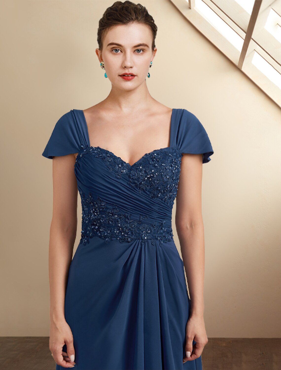 wholesale  A-Line Mother of the Bride Dress Wedding Guest Elegant High Low Square Neck Asymmetrical Tea Length Chiffon Lace Cap Sleeve Fall Wrap Included with Sequin Appliques Side-Draped