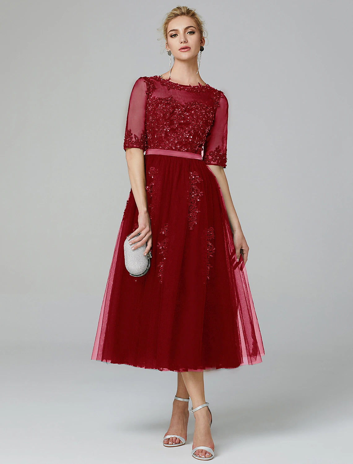 Wholesa  A-Line Cocktail Dress Christmas Red Green Dress Formal Evening Kentucky Derby Tea Length Sleeveless Illusion Neck Fall Wedding Guest Lace Over Tulle with Sequin Applique