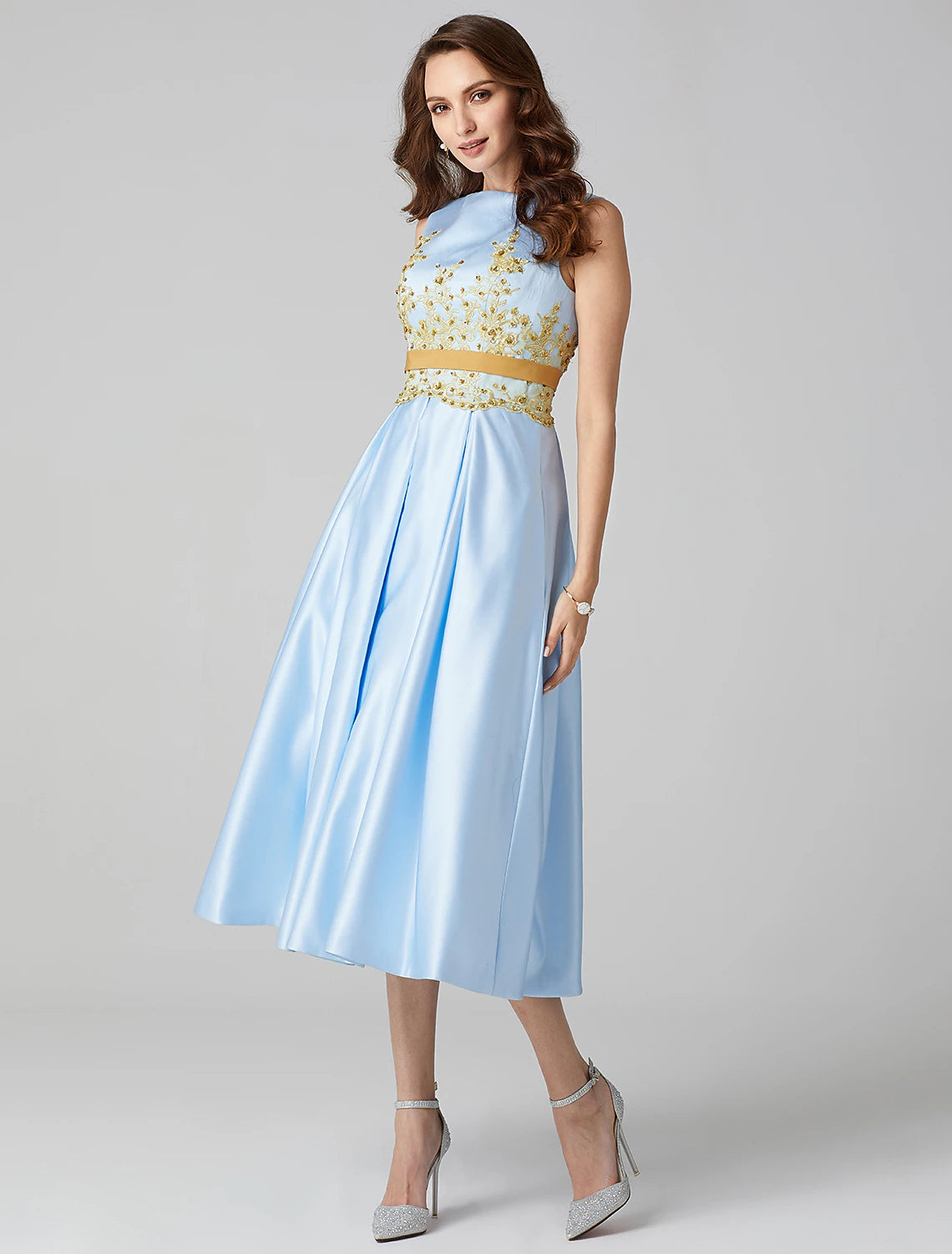 Wholesa A-Line Cocktail Dresses Party Dress Wedding Guest Prom Tea Length Sleeveless Jewel Neck Satin V Back with Pleats Appliques