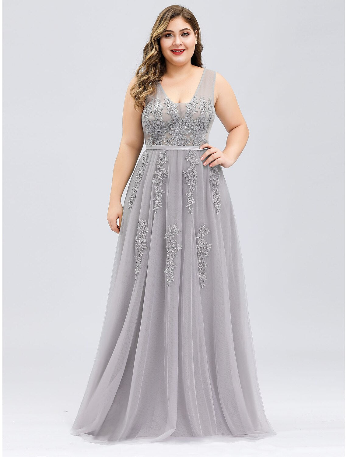 Wholesa A-Line Prom Dresses Plus Size Dress Prom Floor Length Sleeveless V Neck Tulle V Back with Beading Appliques