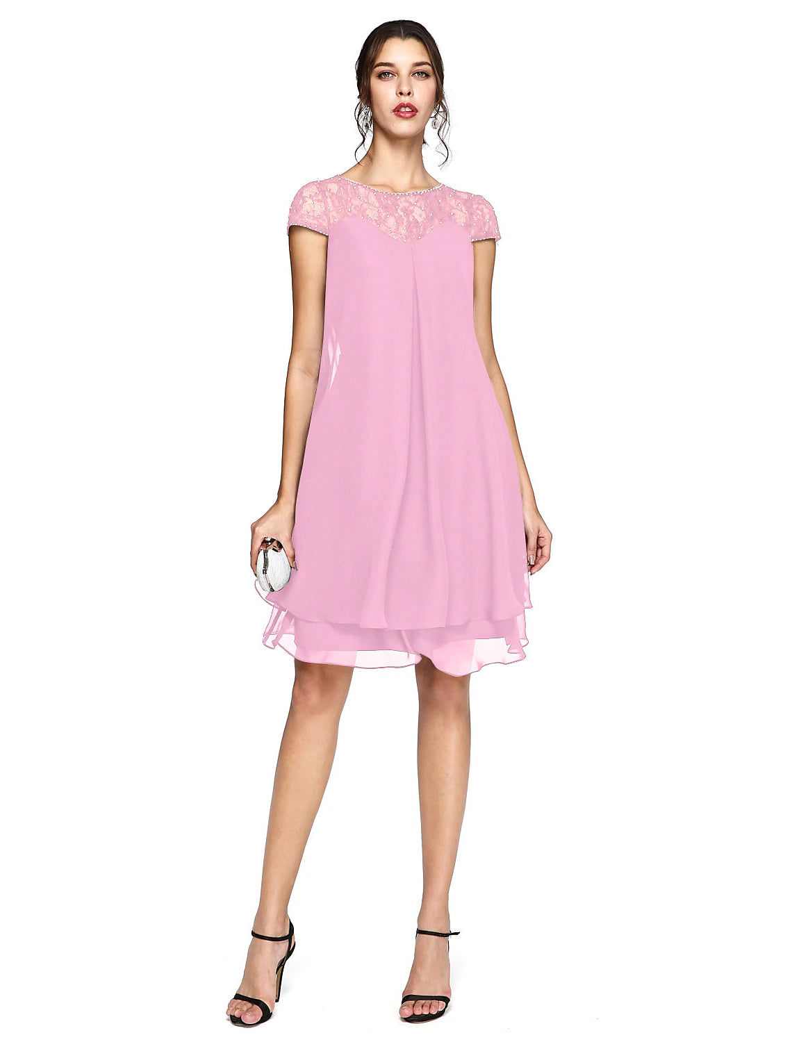 wholesale  A-Line Mother of the Bride Dress Plus Size Elegant Illusion Neck Knee Length Chiffon Lace Short Sleeve with Sequin