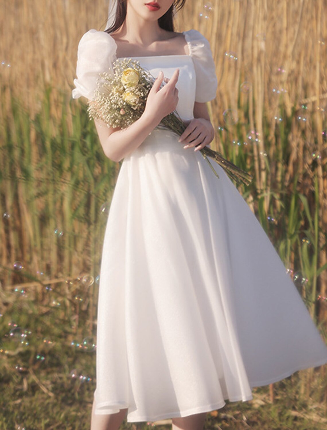 Wholesa  Reception Little White Dresses Wedding Dresses A-Line Square Neck Short Sleeve Tea Length Satin Bridal Gowns With Solid Color