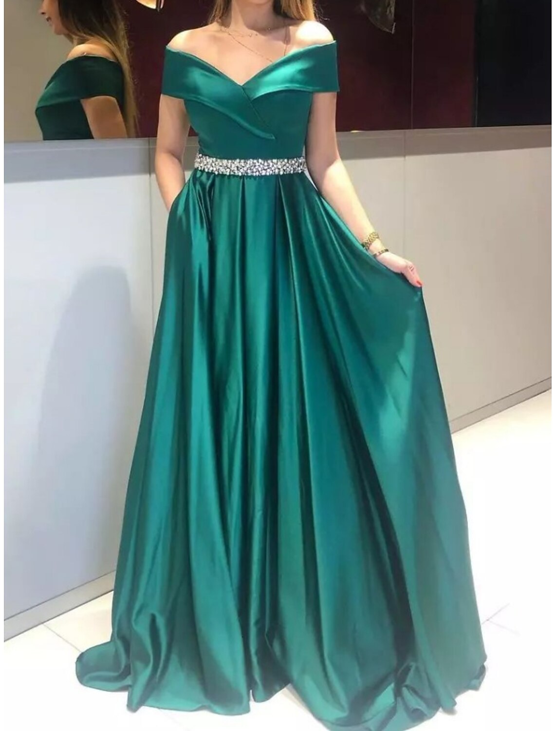 Wholesa  A-Line Evening Gown Elegant Dress Formal Sweep / Brush Train Christmas Red Green Dress Sleeveless Off Shoulder Satin with Pleats Crystals