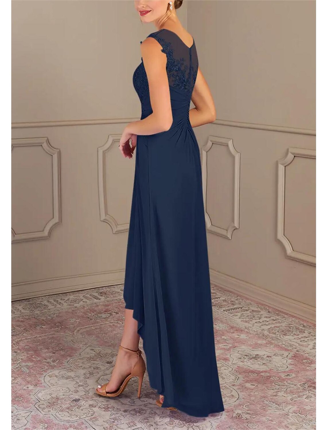 Wholesa  A-Line Mother of the Bride Dress Formal Wedding Guest Elegant Jewel Neck Asymmetrical Chiffon Sleeveless with Lace Sequin Ruching