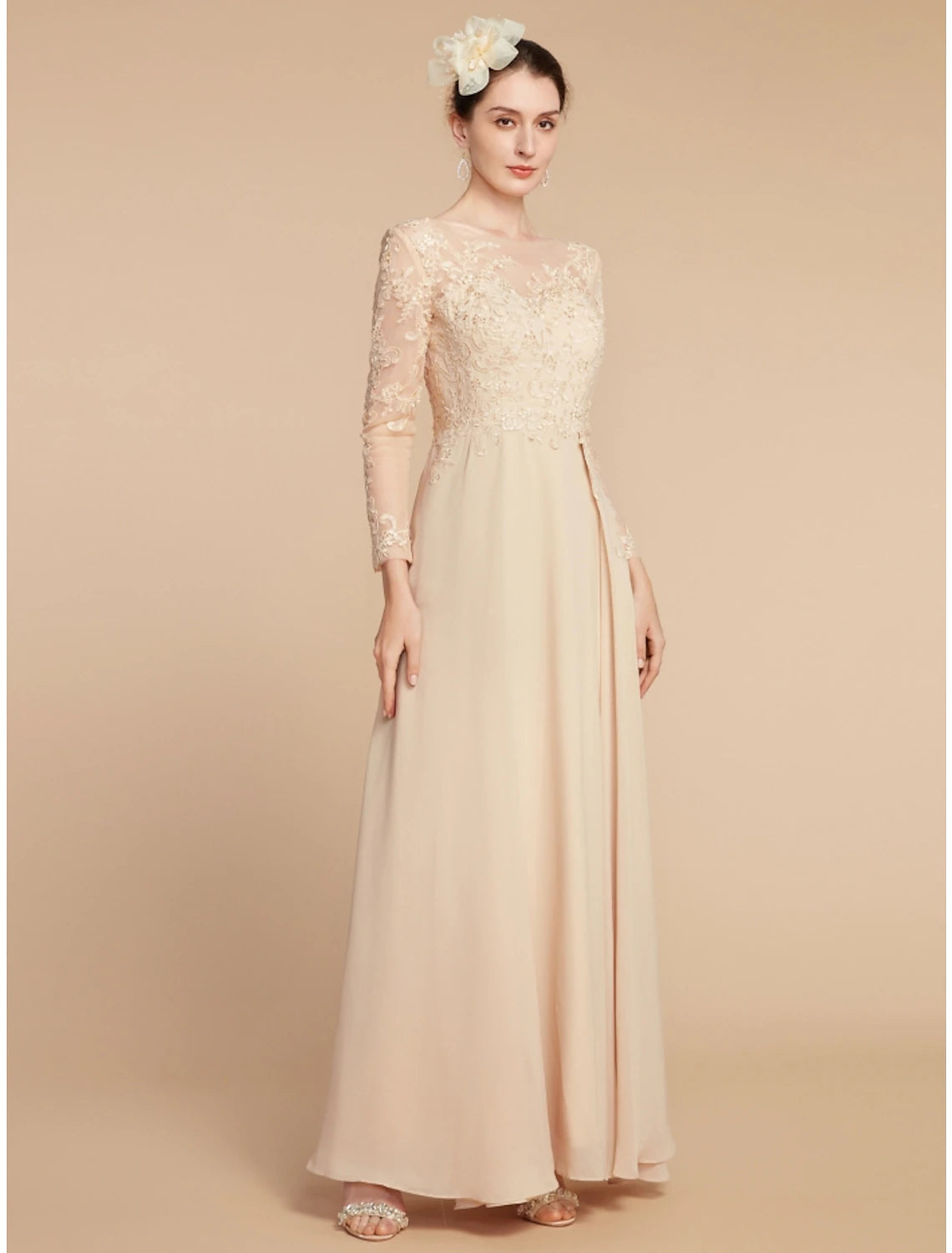 Wholesa  A-Line Mother of the Bride Dress Wedding Guest Elegant Jewel Neck Ankle Length Chiffon Lace Long Sleeve with Ruching Solid Color