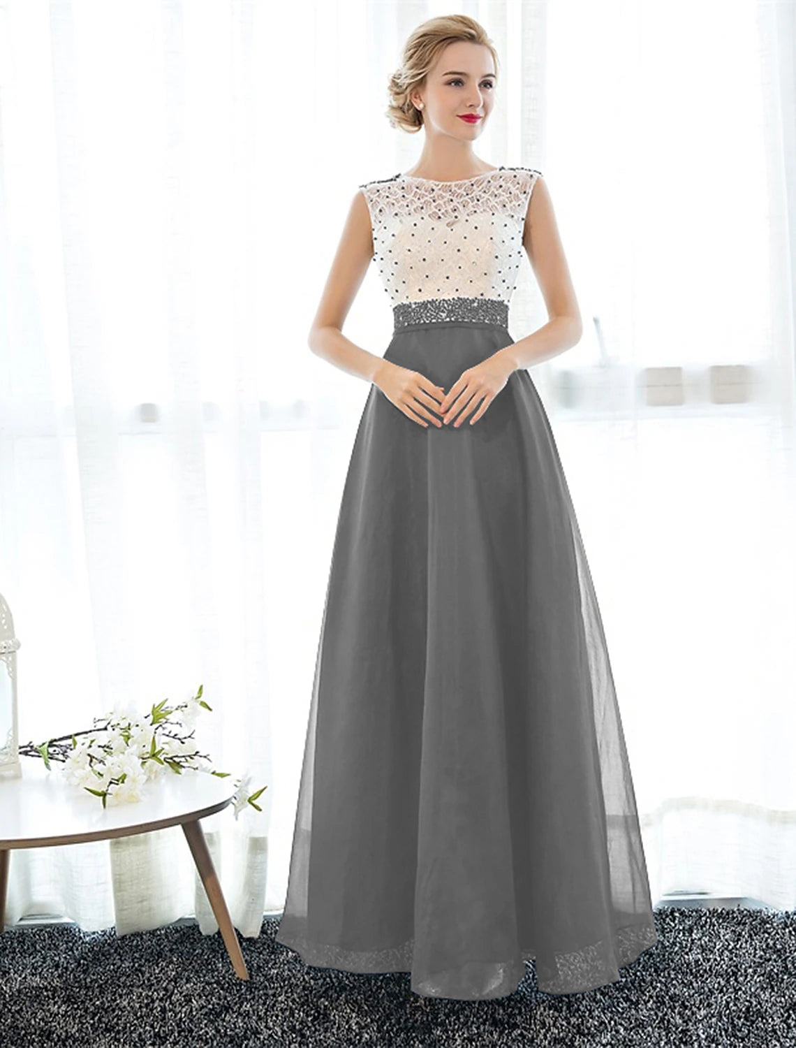 wholesa A-Line Beautiful Back Elegant Beaded & Sequin Prom Formal Evening Dress Illusion Neck Sleeveless Floor Length Tulle Over Lace with Beading