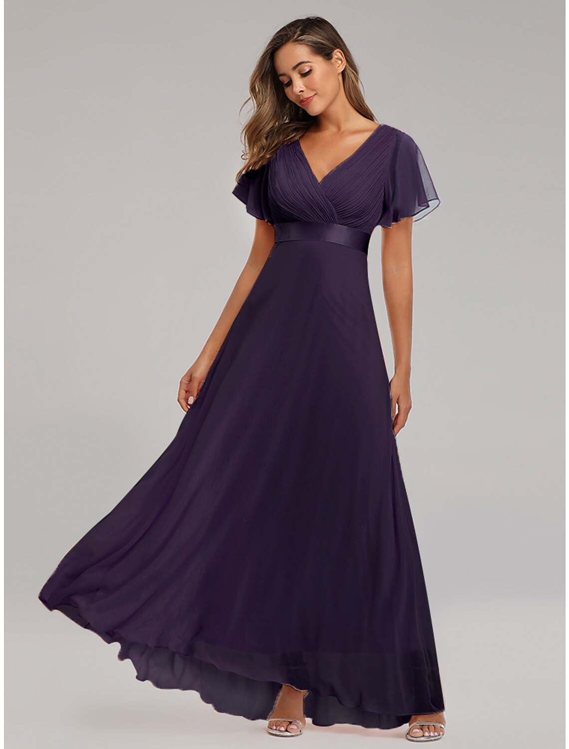 Wholesa A-Line Prom Dresses Empire Dress Wedding Guest Prom Floor Length Short Sleeve V Neck Bridesmaid Dress Chiffon with Pleats