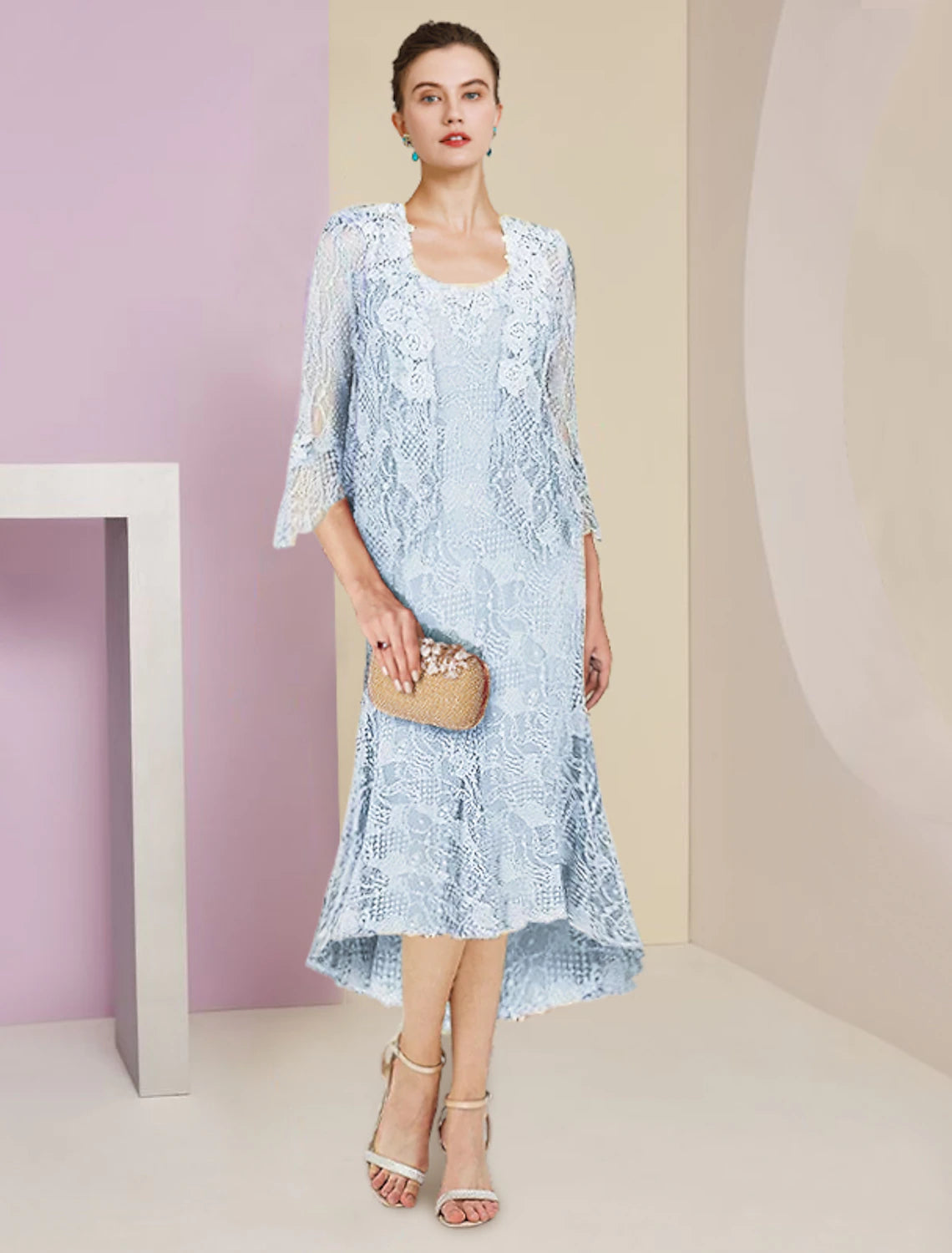 wholesale  Two Piece Mermaid / Trumpet Mother of the Bride Dress Formal Wedding Guest Elegant High Low Scoop Neck Asymmetrical Tea Length Lace Sleeveless Wrap Included with Solid Color